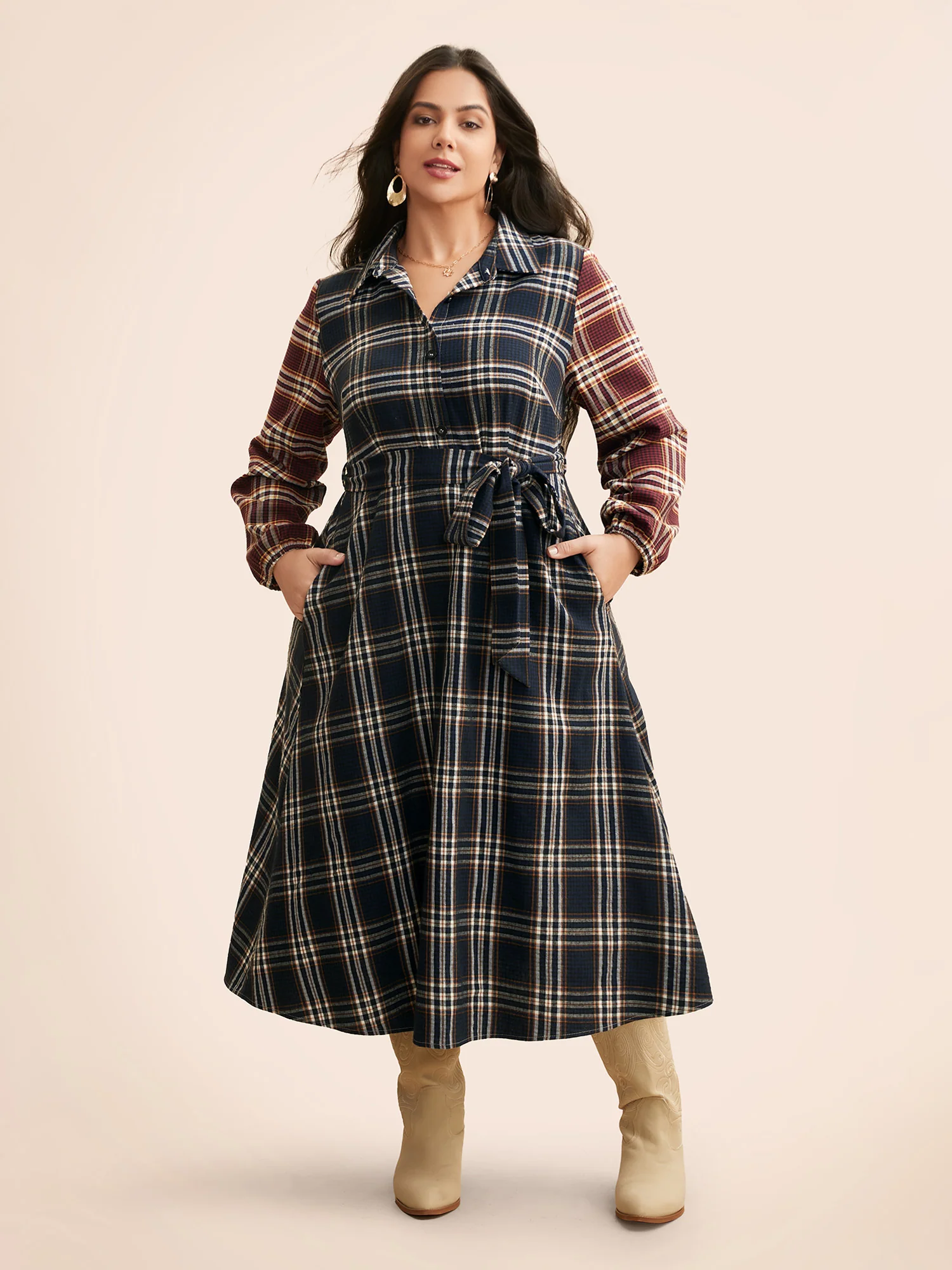 Shirt Collar Plaid Contrast Belted Dress - Image 3