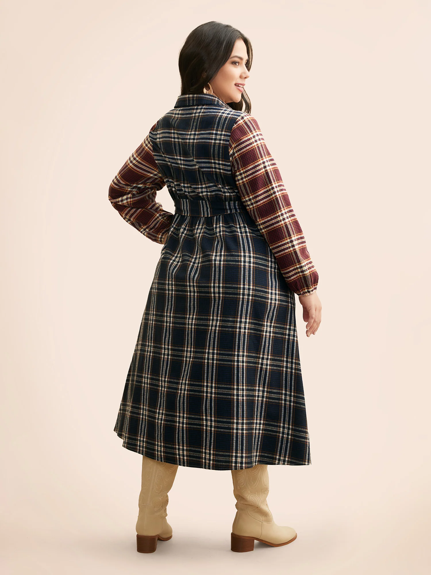 Shirt Collar Plaid Contrast Belted Dress - Image 4
