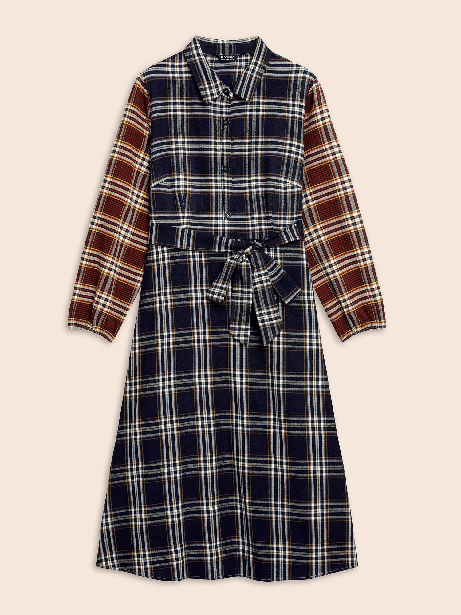 Shirt Collar Plaid Contrast Belted Dress - Image 7