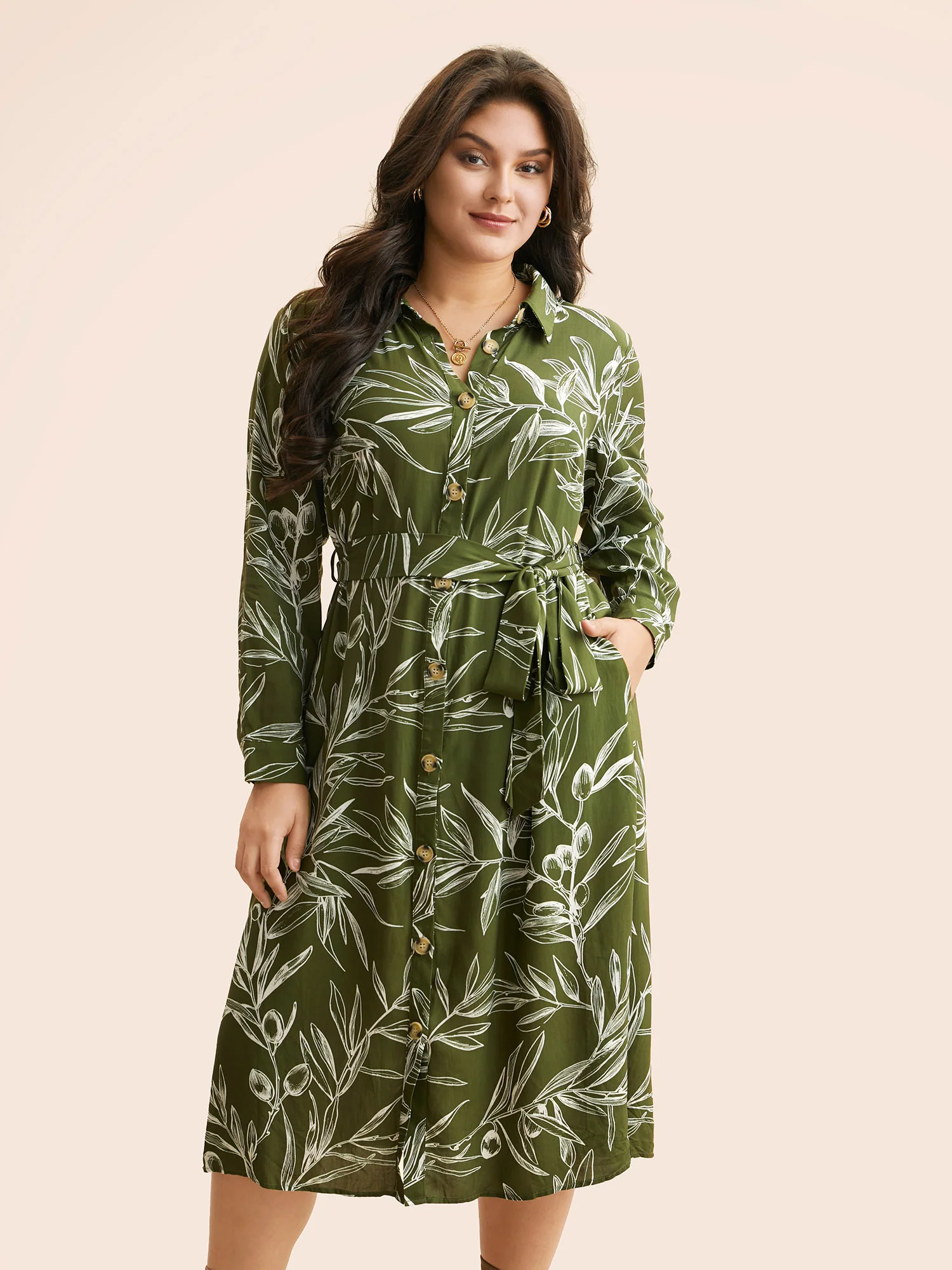 Shirt Collar Plants Print Belted Dress - Image 2