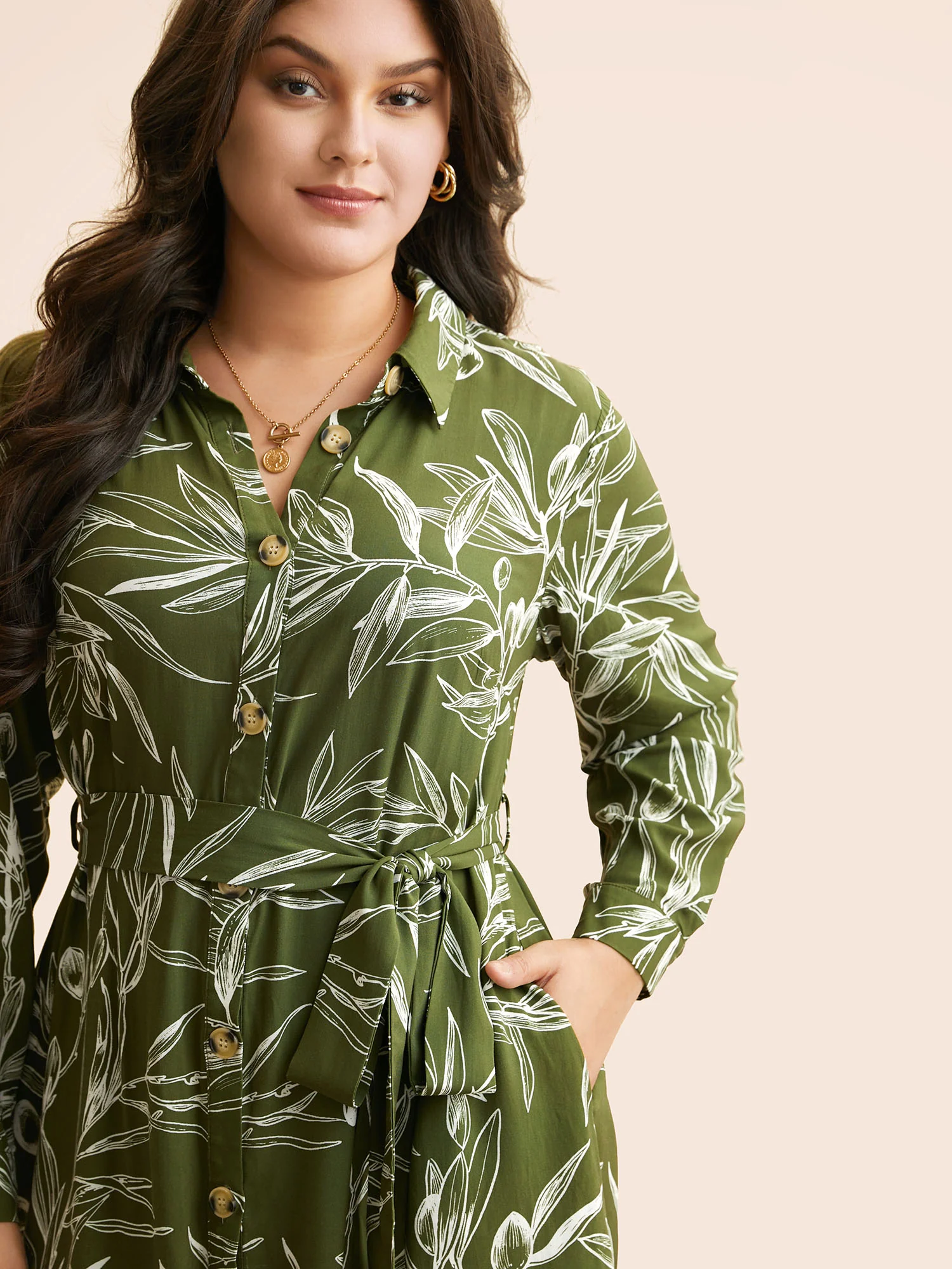 Shirt Collar Plants Print Belted Dress - Image 3