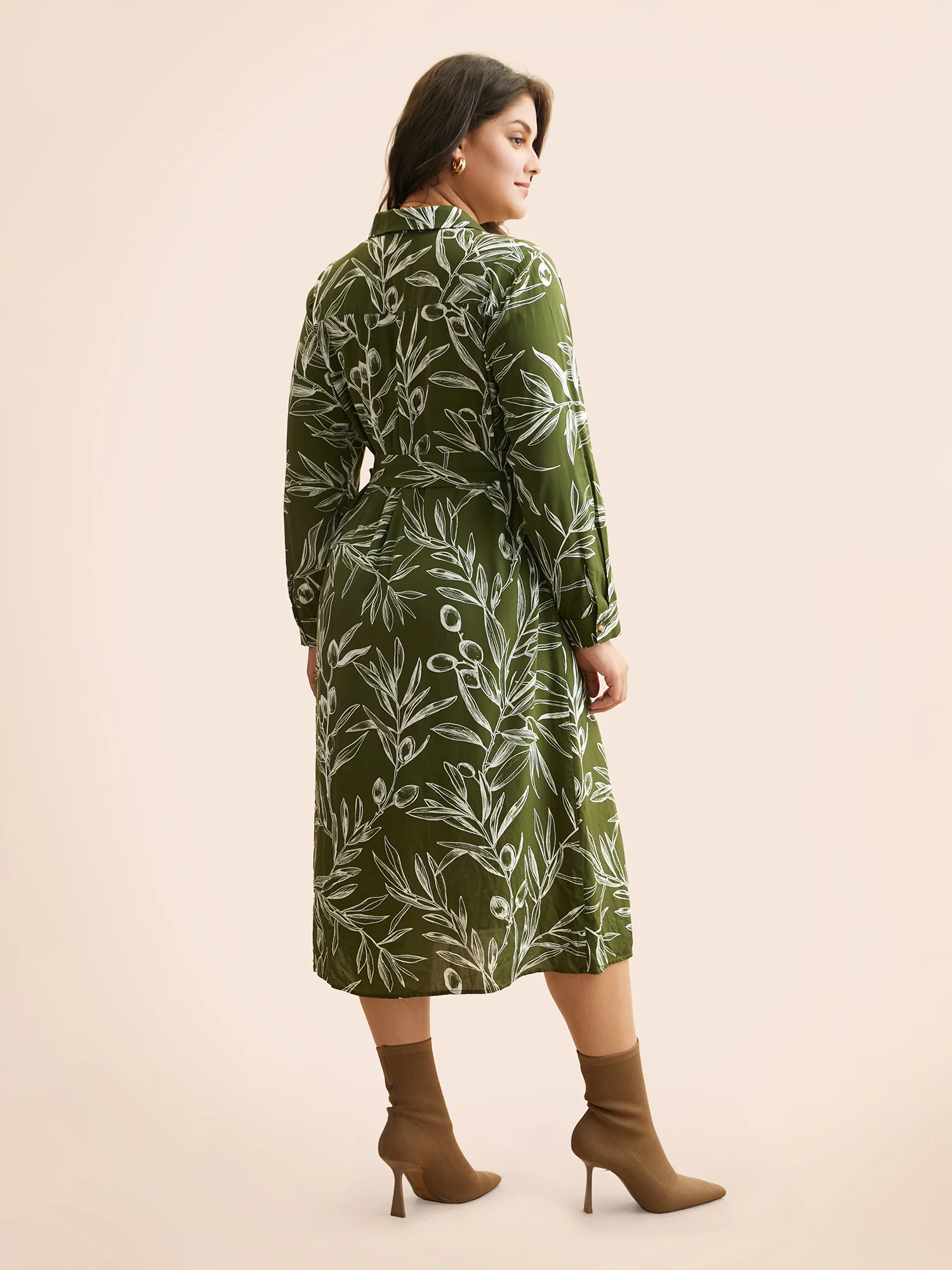 Shirt Collar Plants Print Belted Dress - Image 4
