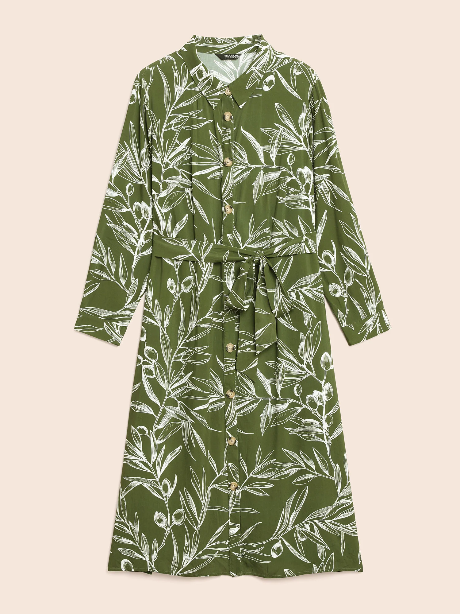 Shirt Collar Plants Print Belted Dress - Image 7