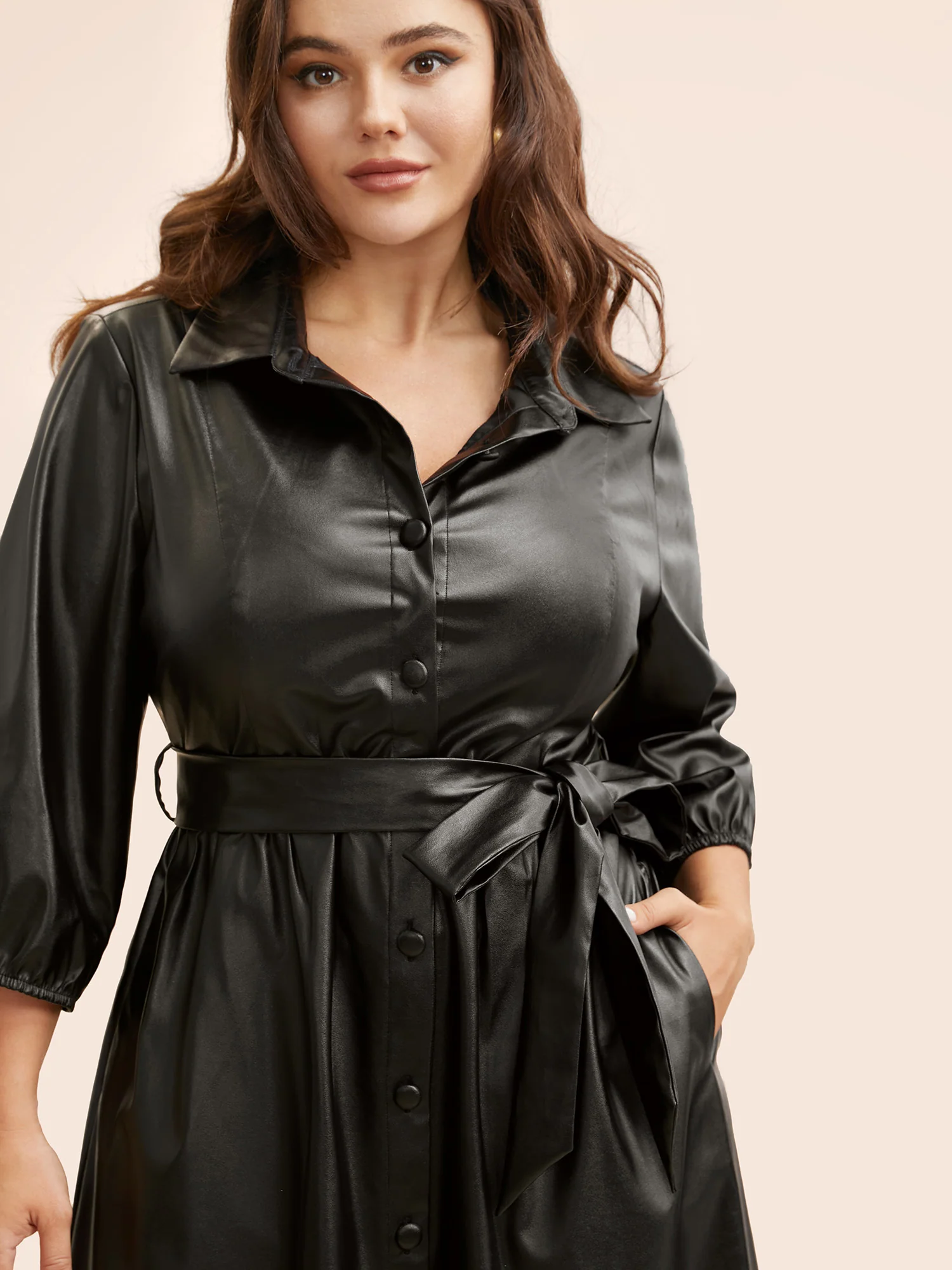 Shirt Collar PU Leather Belted Dress - Image 2