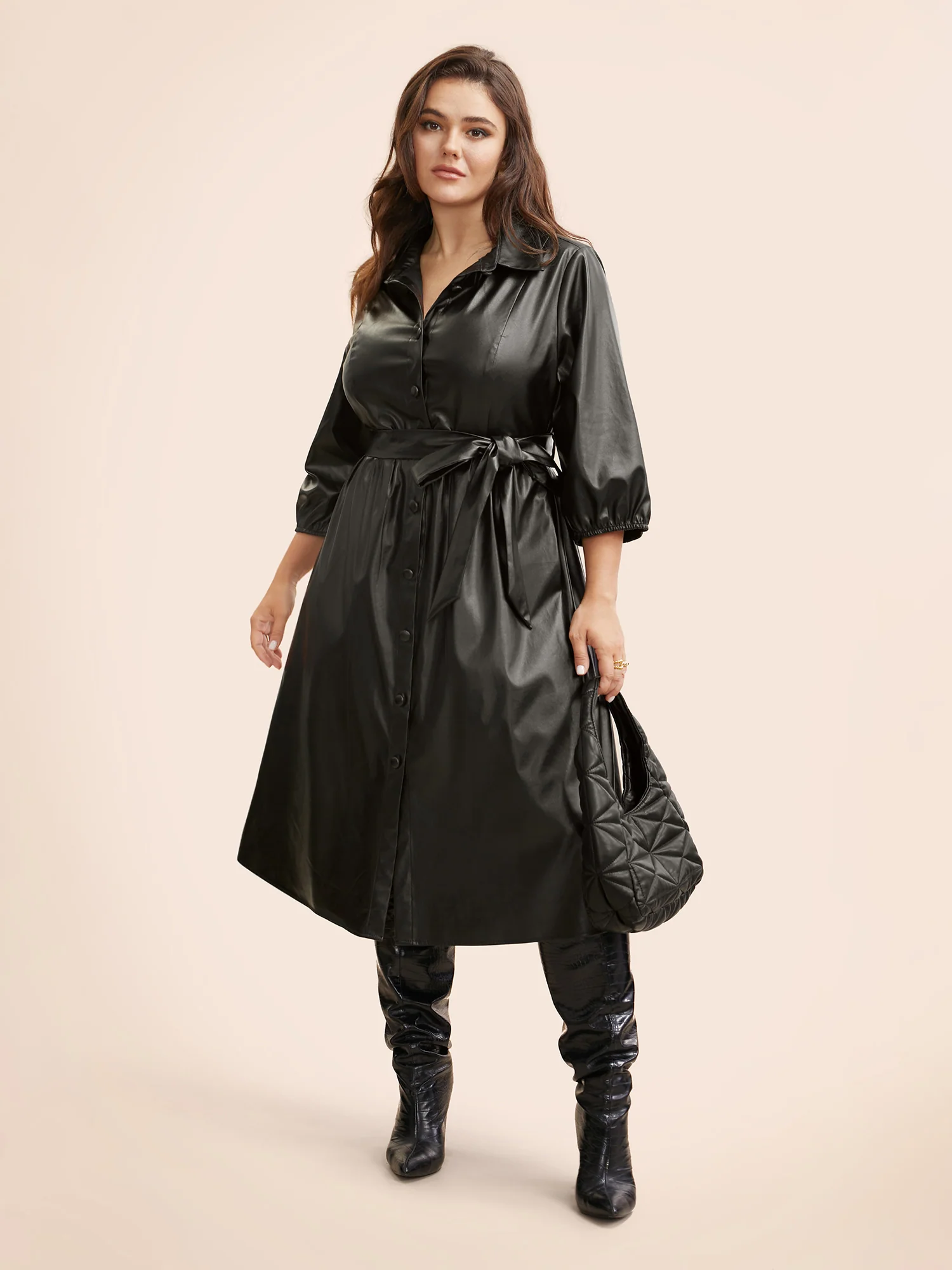 Shirt Collar PU Leather Belted Dress - Image 3