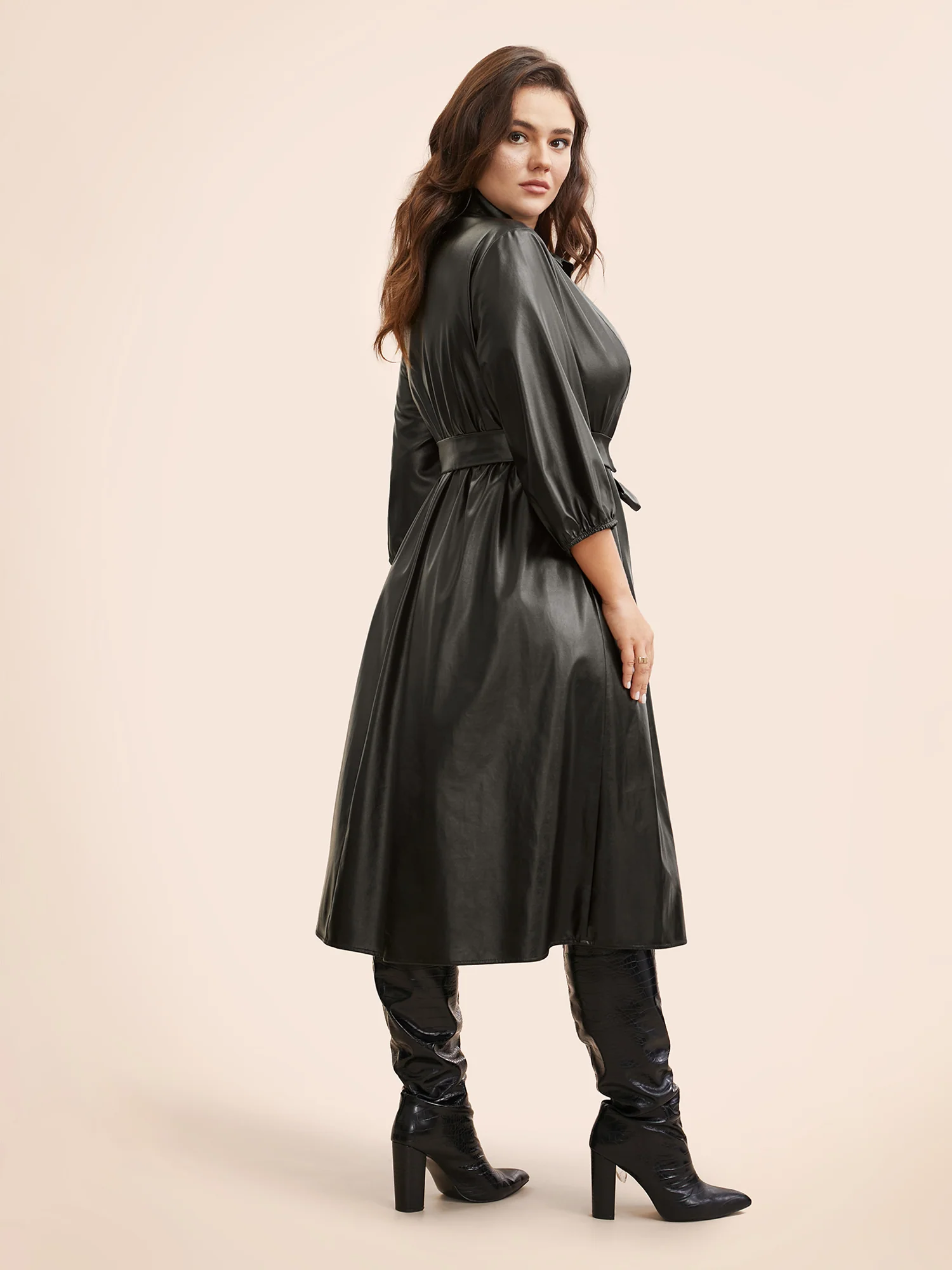 Shirt Collar PU Leather Belted Dress - Image 4