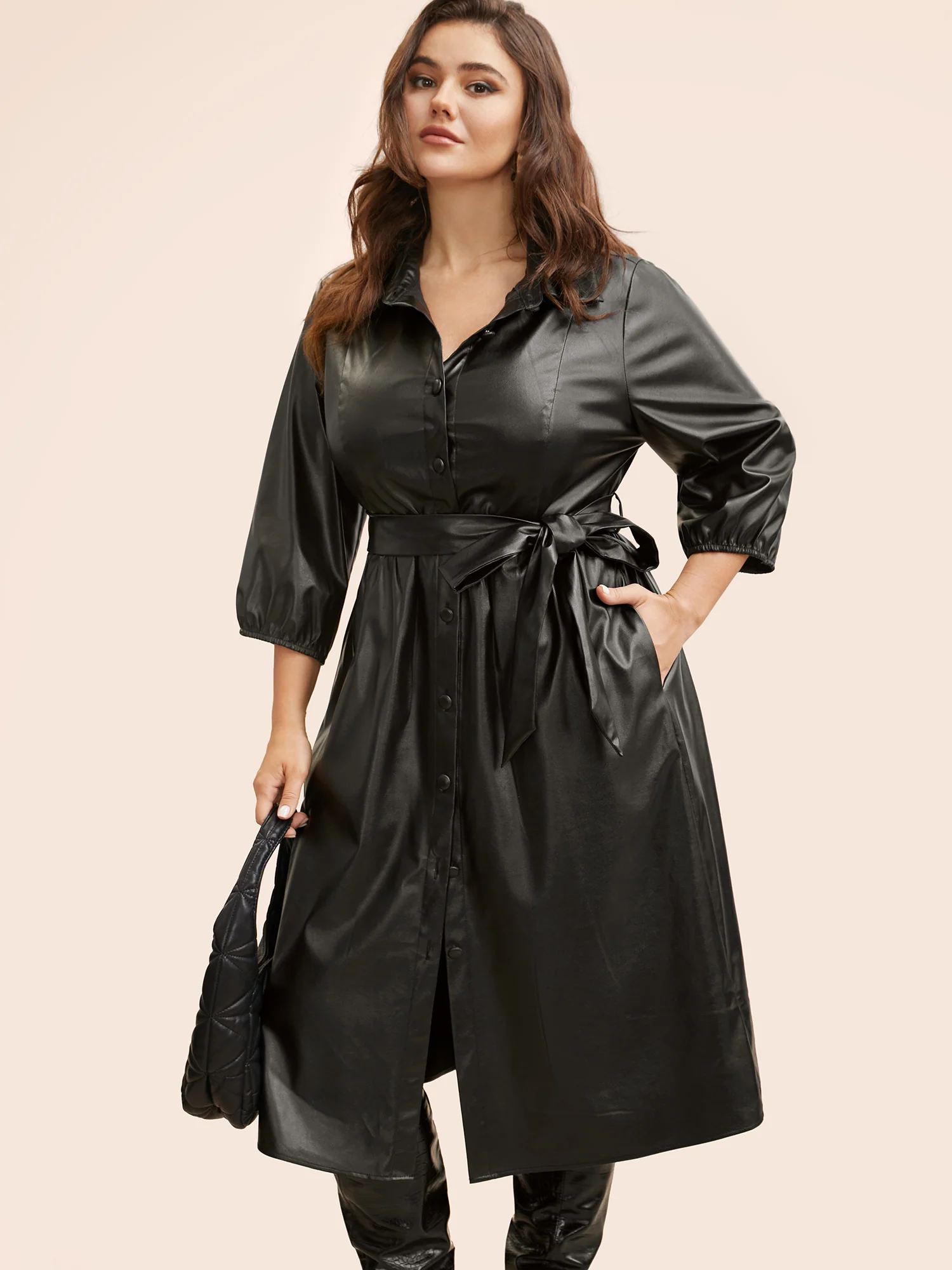 Shirt Collar PU Leather Belted Dress - Image 5