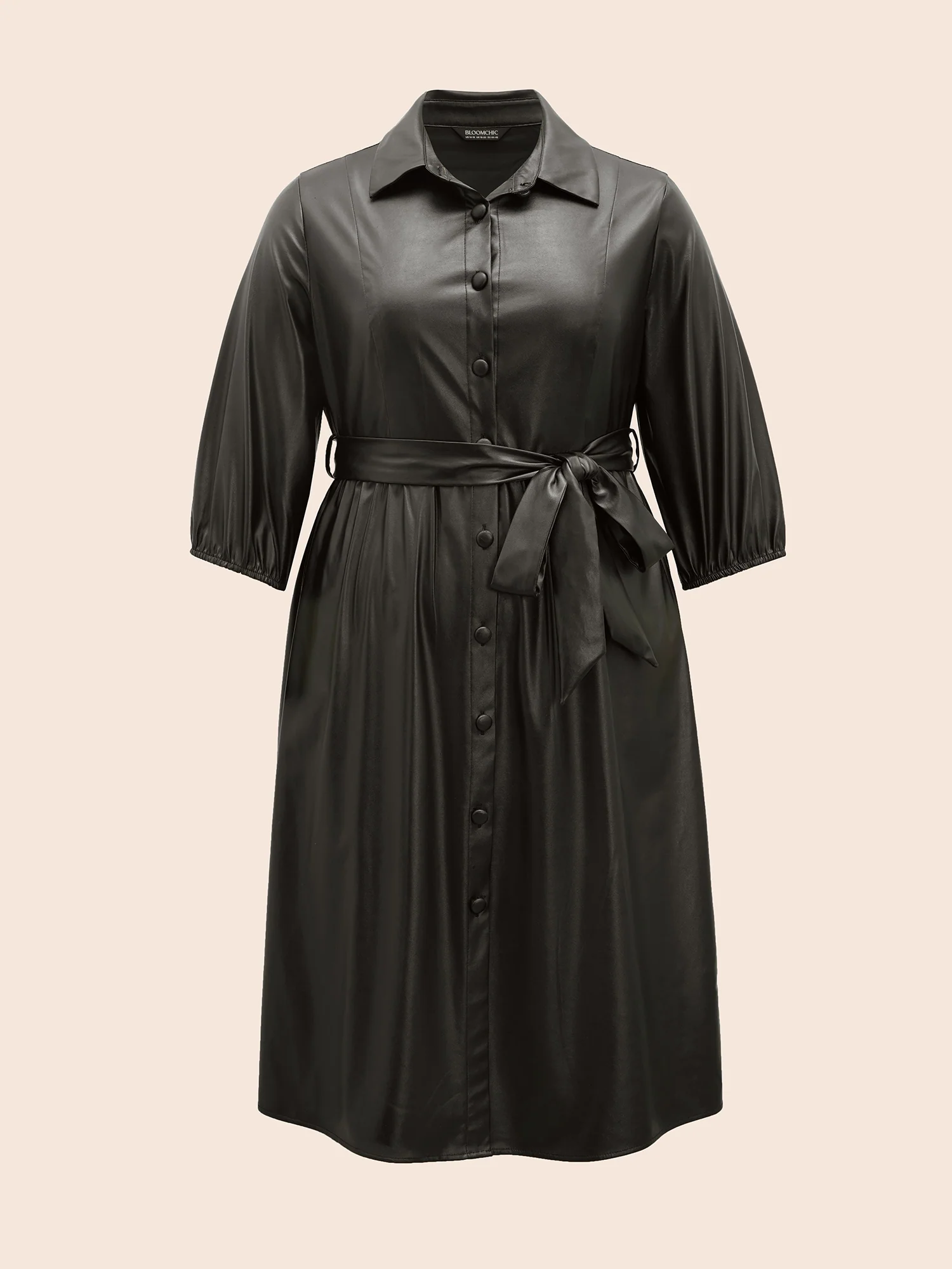 Shirt Collar PU Leather Belted Dress - Image 8