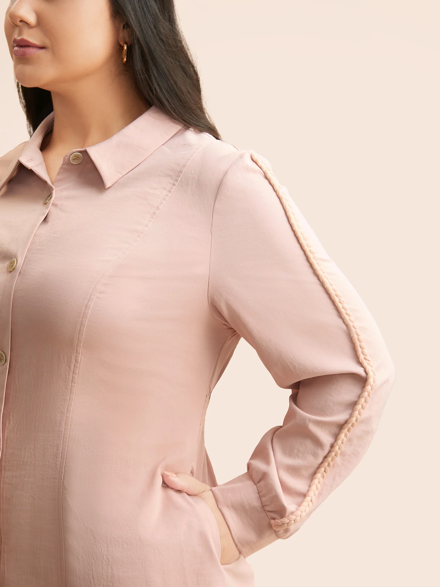 Shirt Collar Shirred Woven Ribbon Dress - Image 2