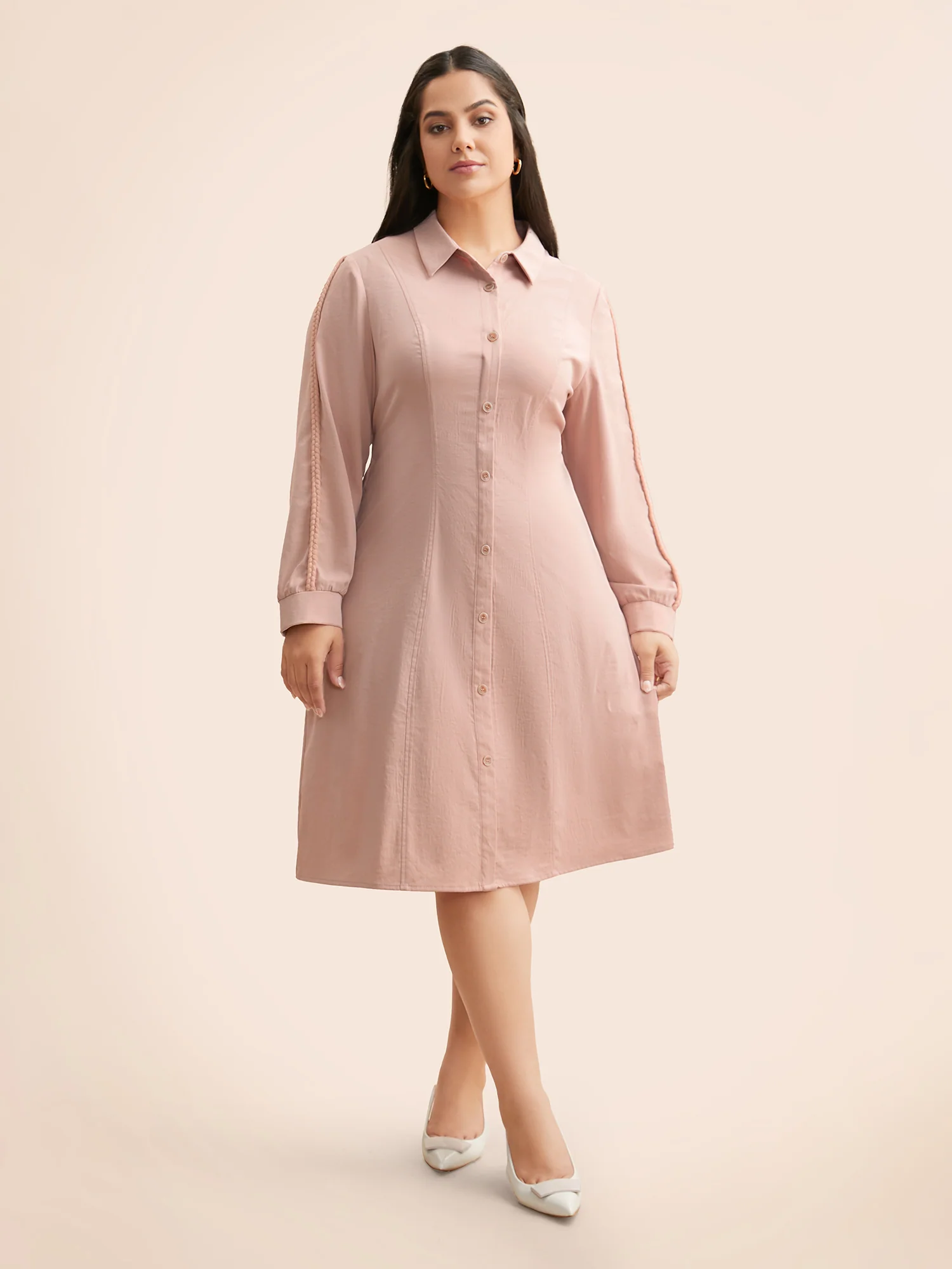 Shirt Collar Shirred Woven Ribbon Dress - Image 3