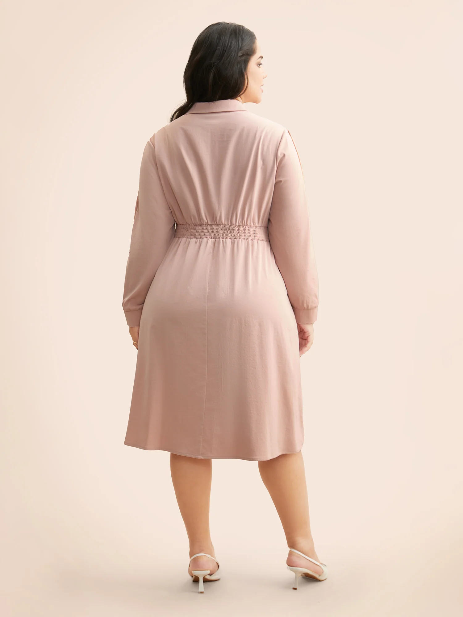 Shirt Collar Shirred Woven Ribbon Dress - Image 4