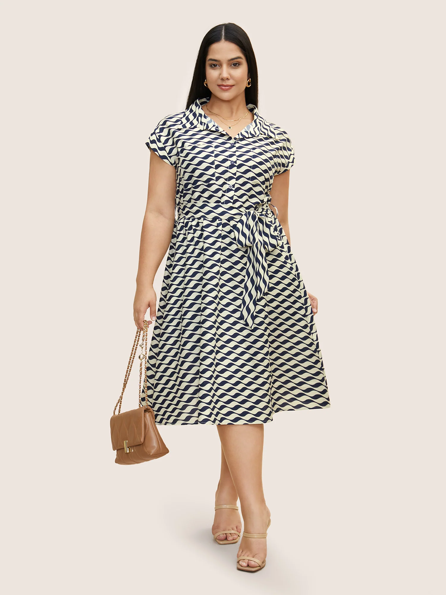 Shirt Collar Striped Belted Midi Dress - Image 2