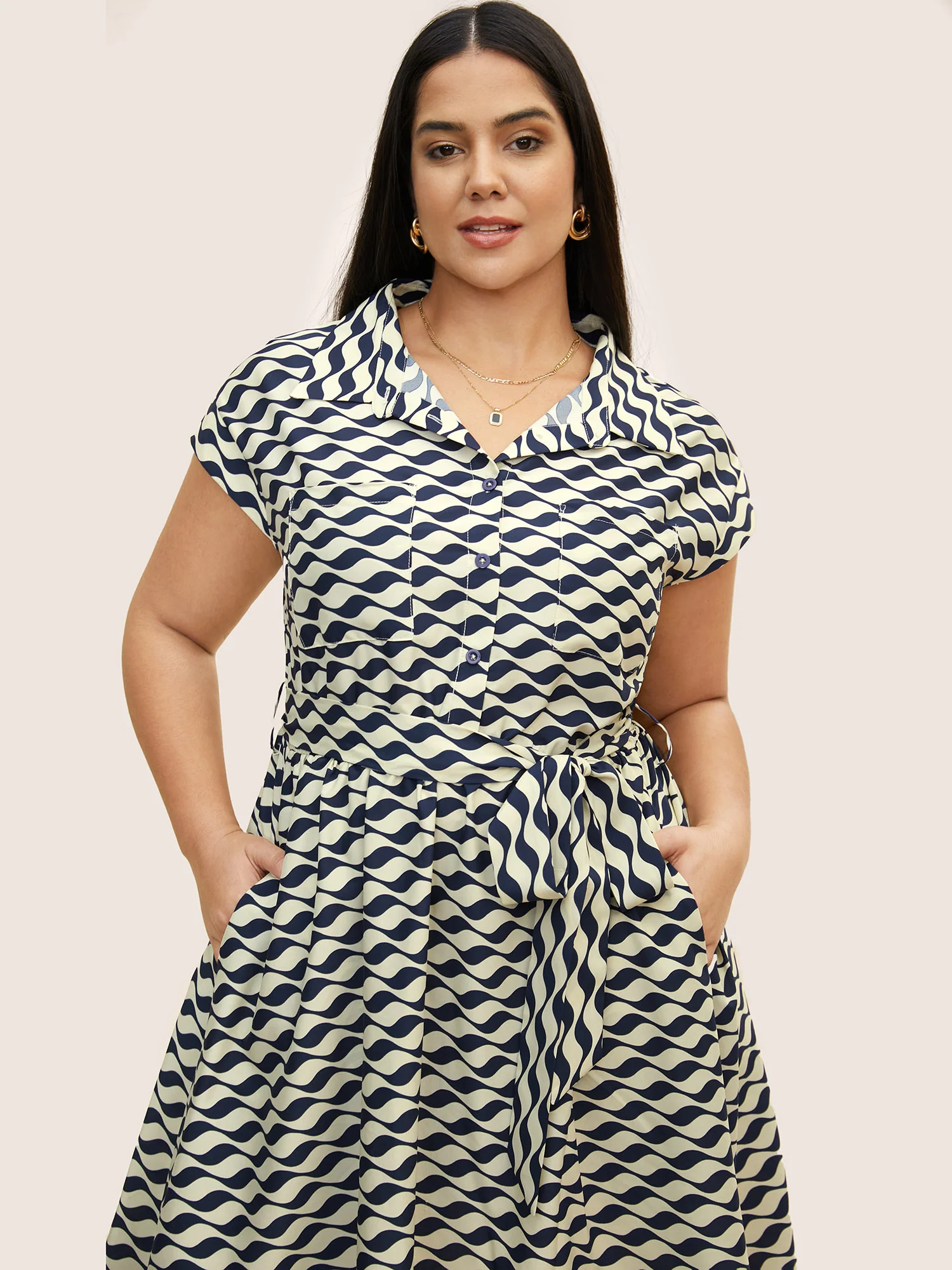 Shirt Collar Striped Belted Midi Dress - Image 4