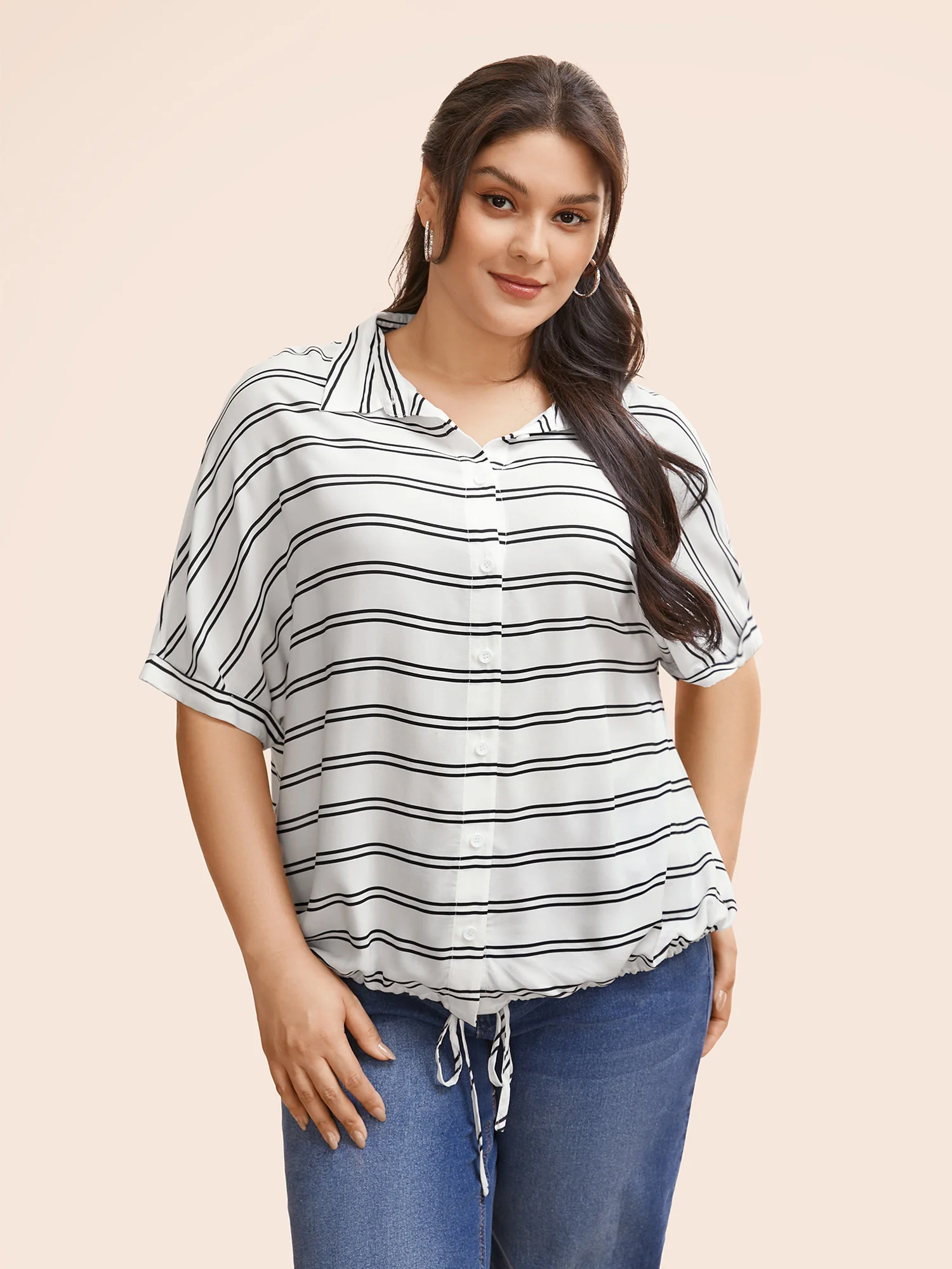 Shirt Collar Striped Drawstring Dolman Sleeve Blouse - Image 2