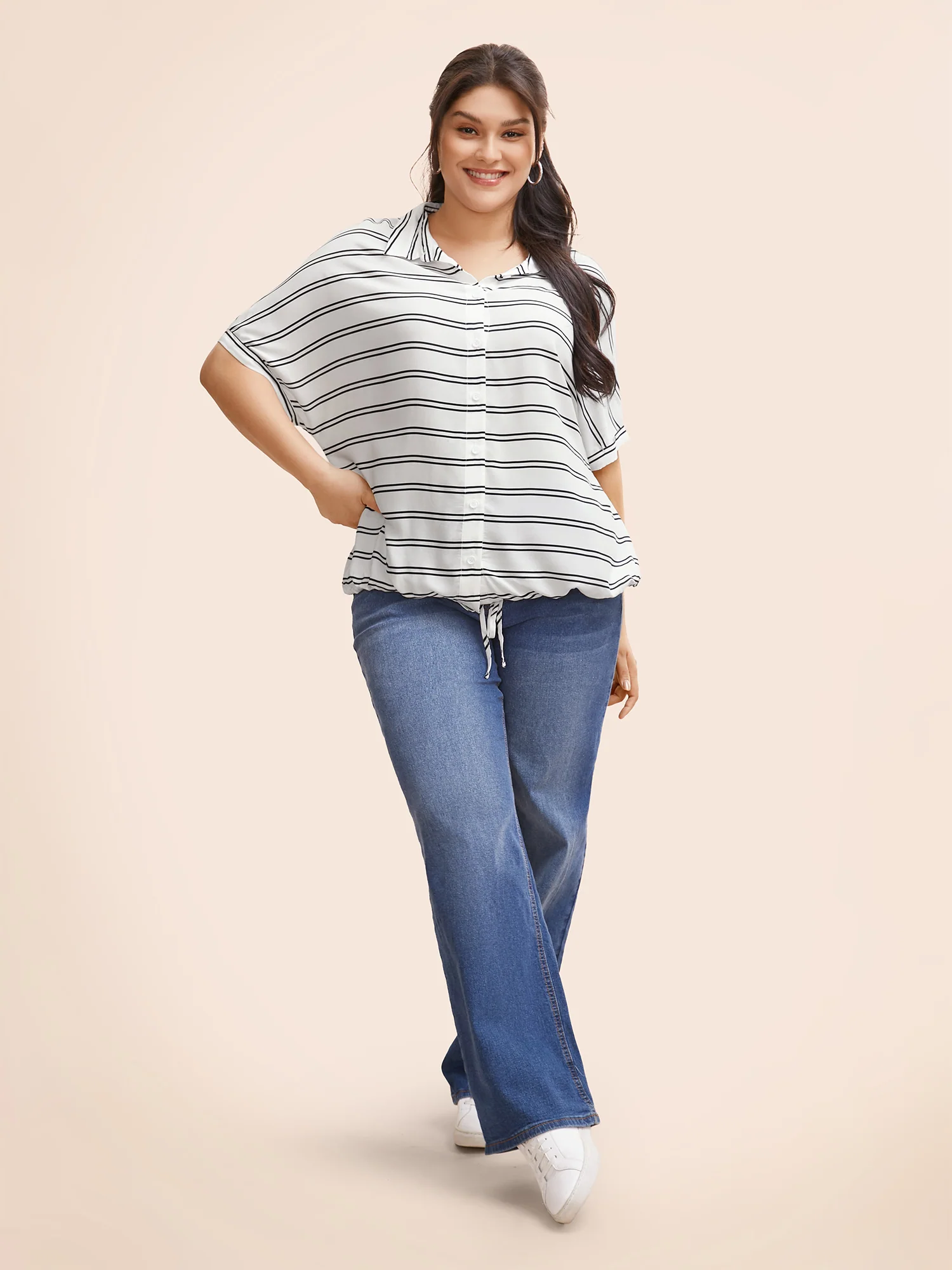 Shirt Collar Striped Drawstring Dolman Sleeve Blouse - Image 3