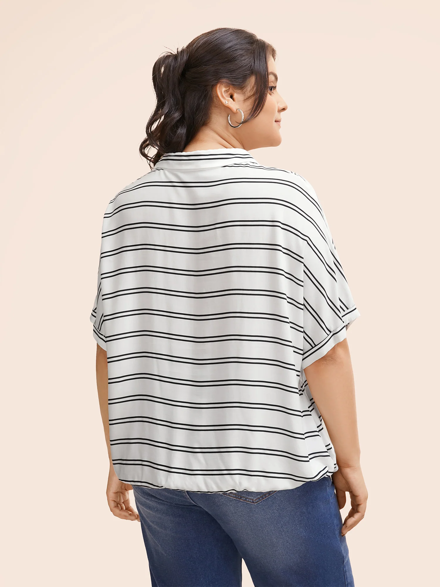 Shirt Collar Striped Drawstring Dolman Sleeve Blouse - Image 5