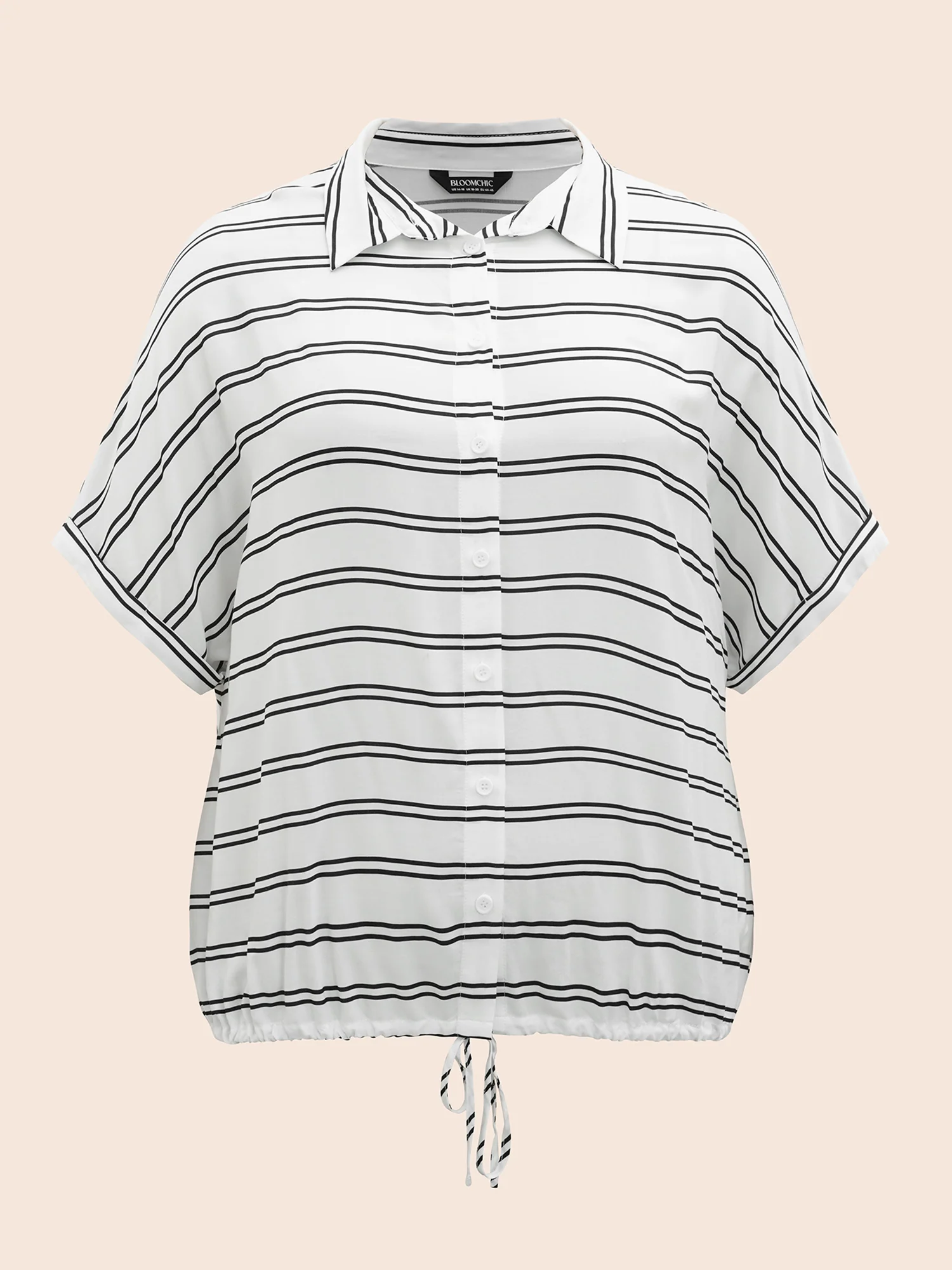 Shirt Collar Striped Drawstring Dolman Sleeve Blouse - Image 8