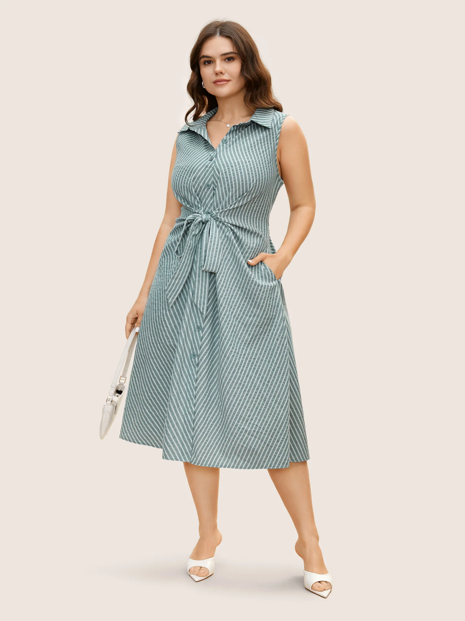 Shirt Collar Striped Midi Tank Dress - Image 2