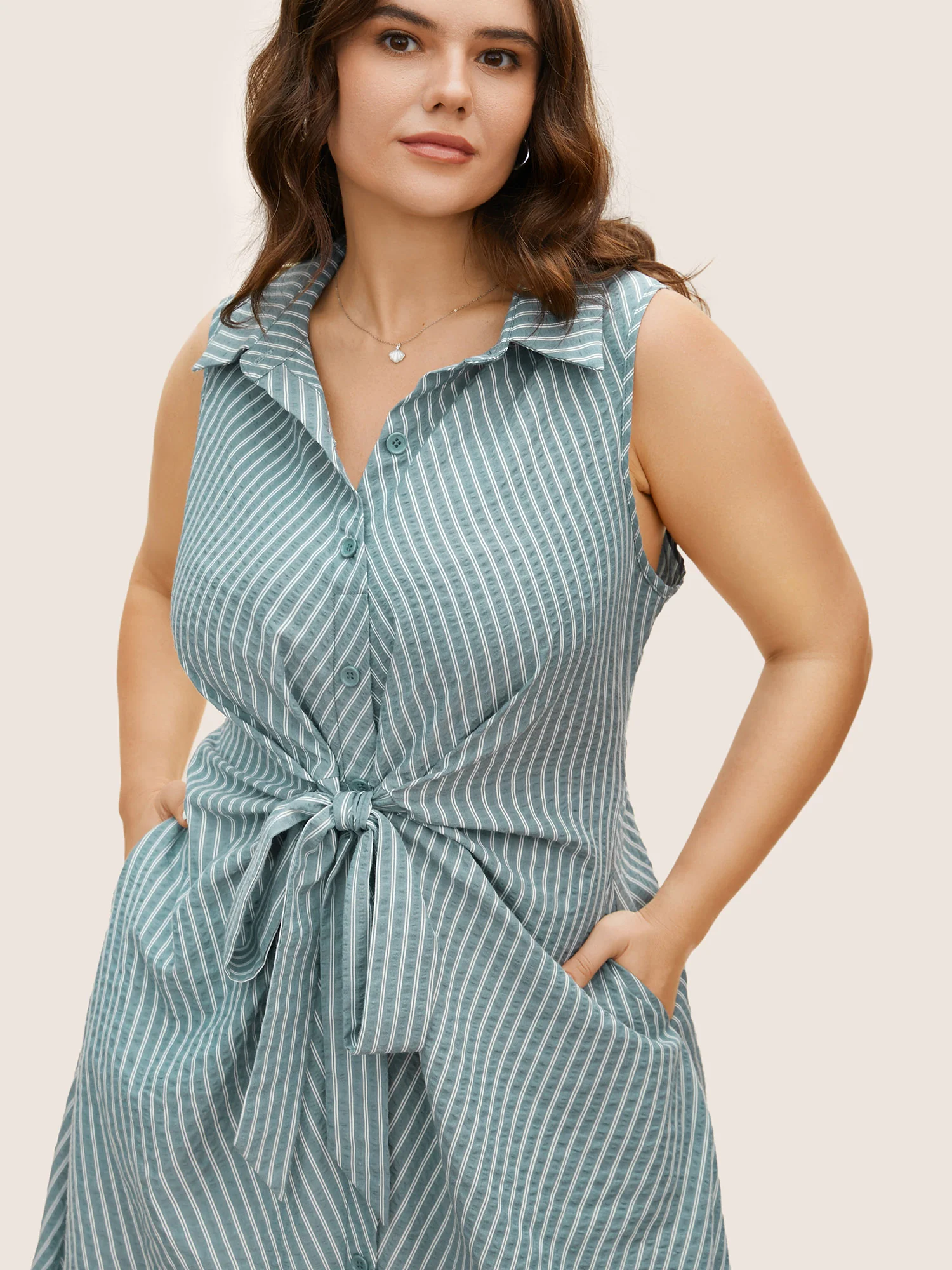 Shirt Collar Striped Midi Tank Dress - Image 4