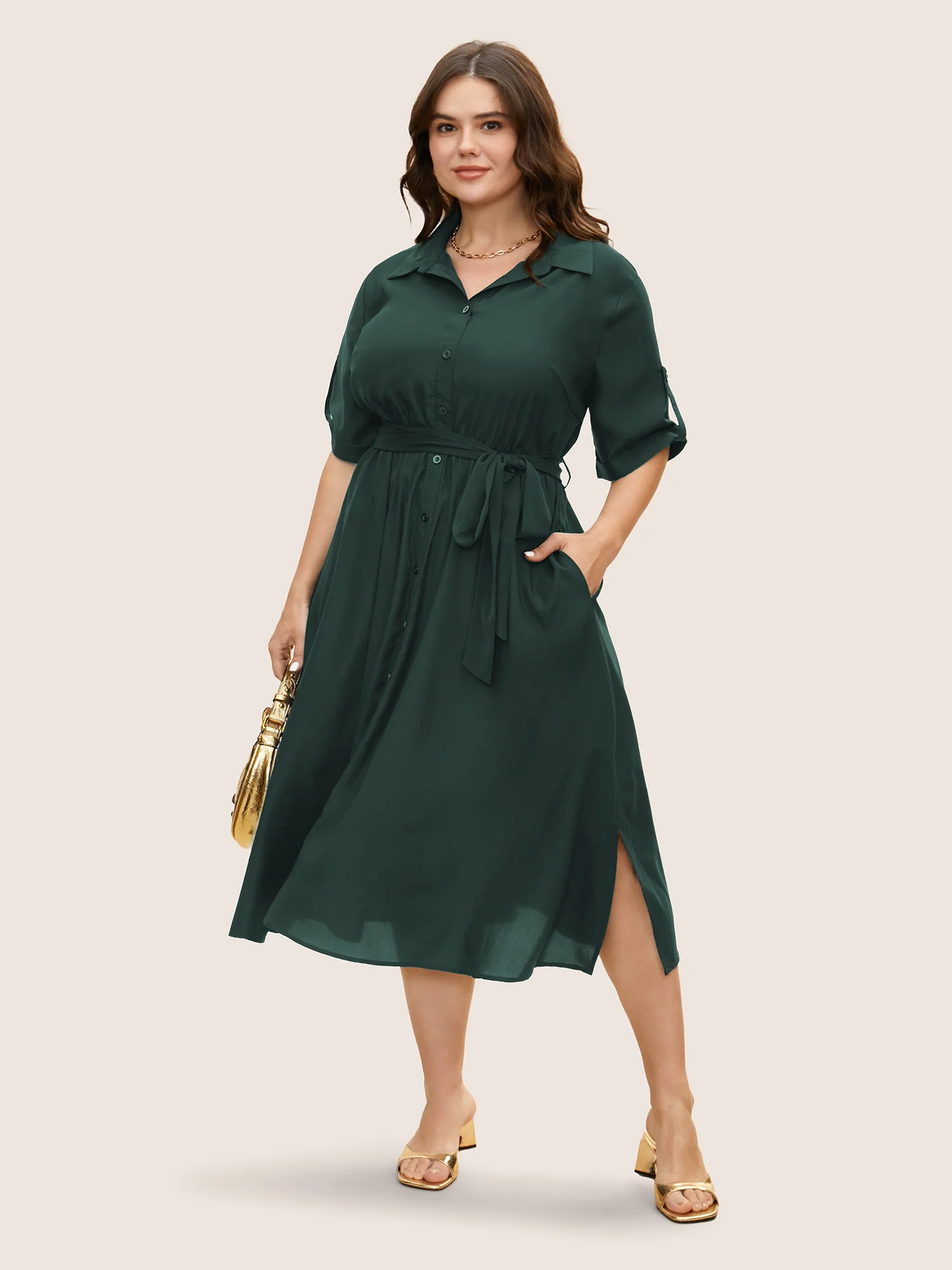 Shirt Collar Tab Sleeve Split Hem Dress - Image 10