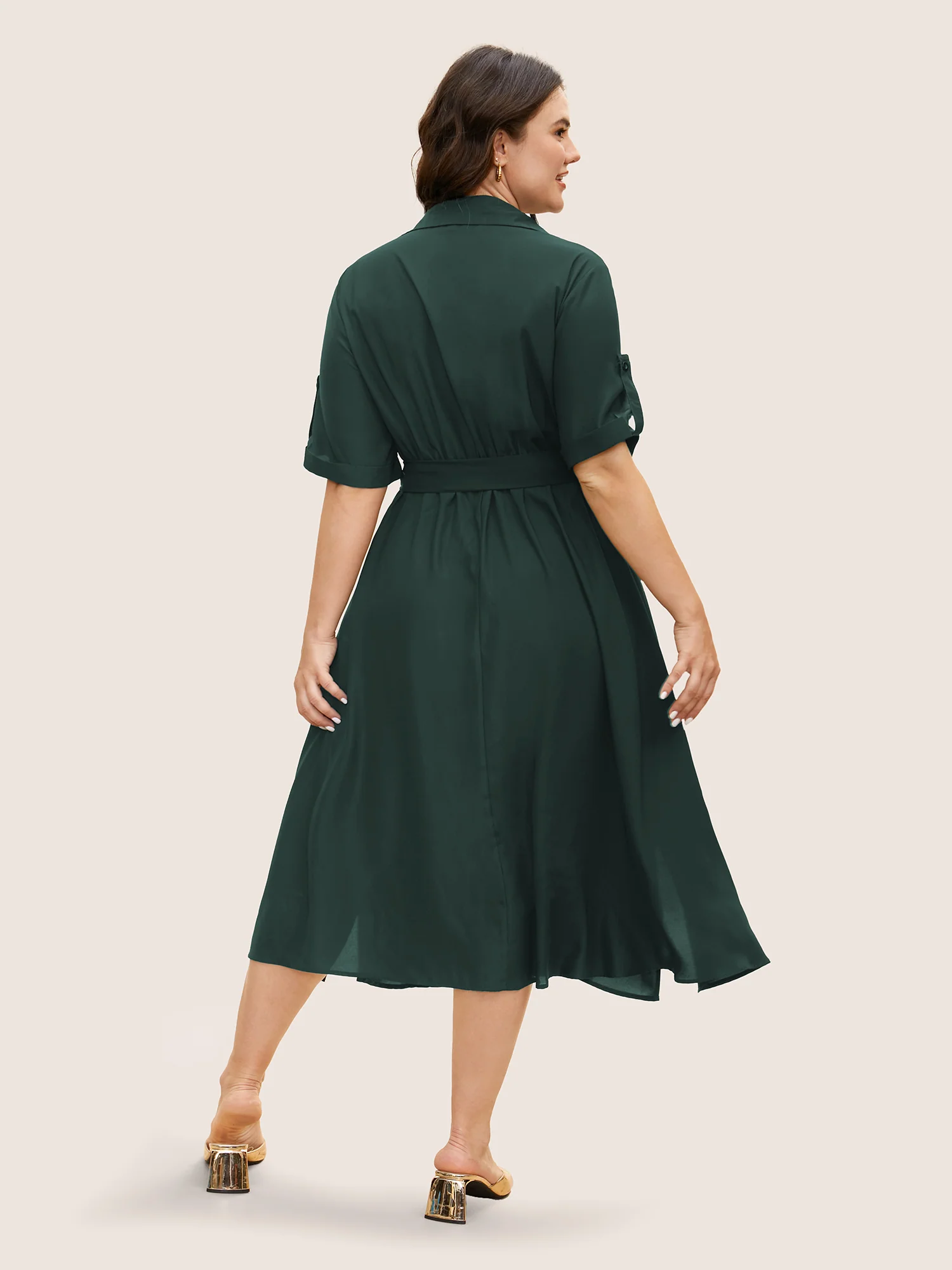 Shirt Collar Tab Sleeve Split Hem Dress - Image 11