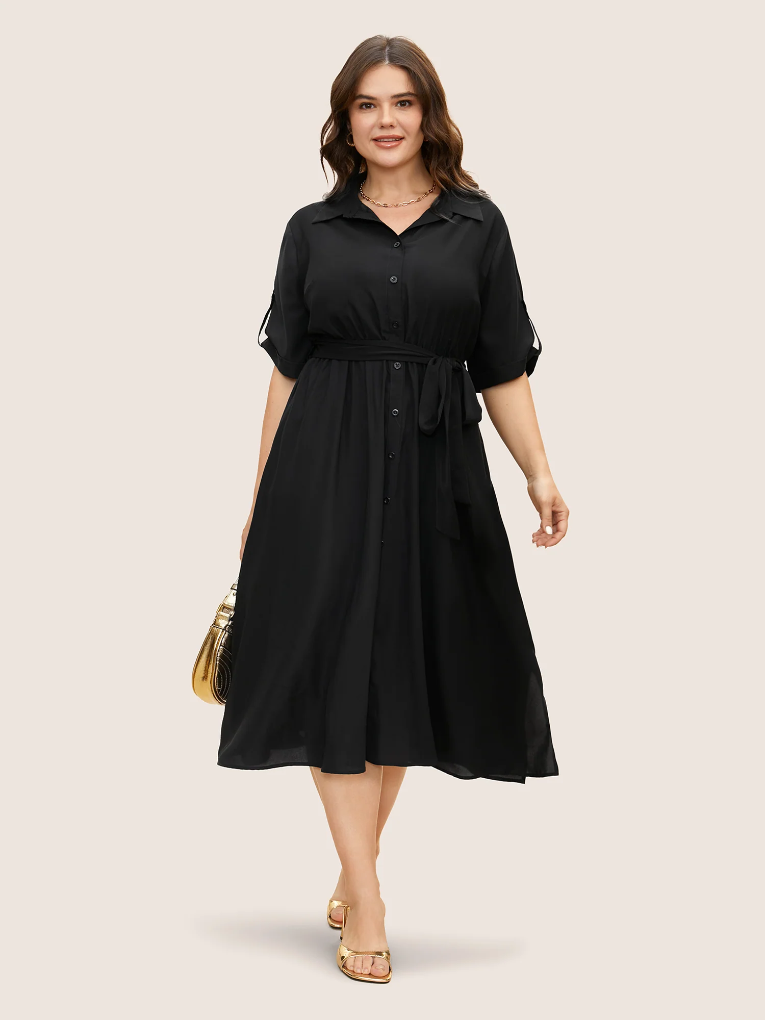 Shirt Collar Tab Sleeve Split Hem Dress - Image 2