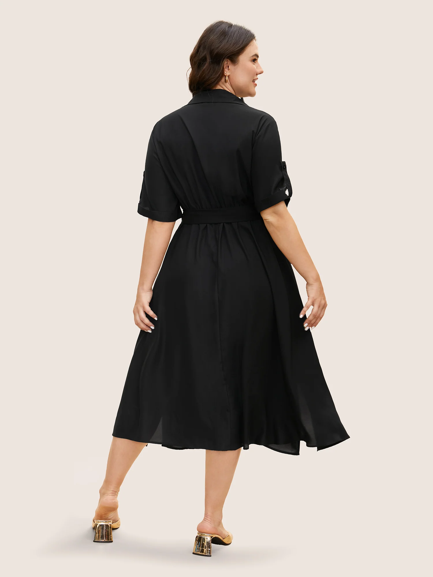 Shirt Collar Tab Sleeve Split Hem Dress - Image 3