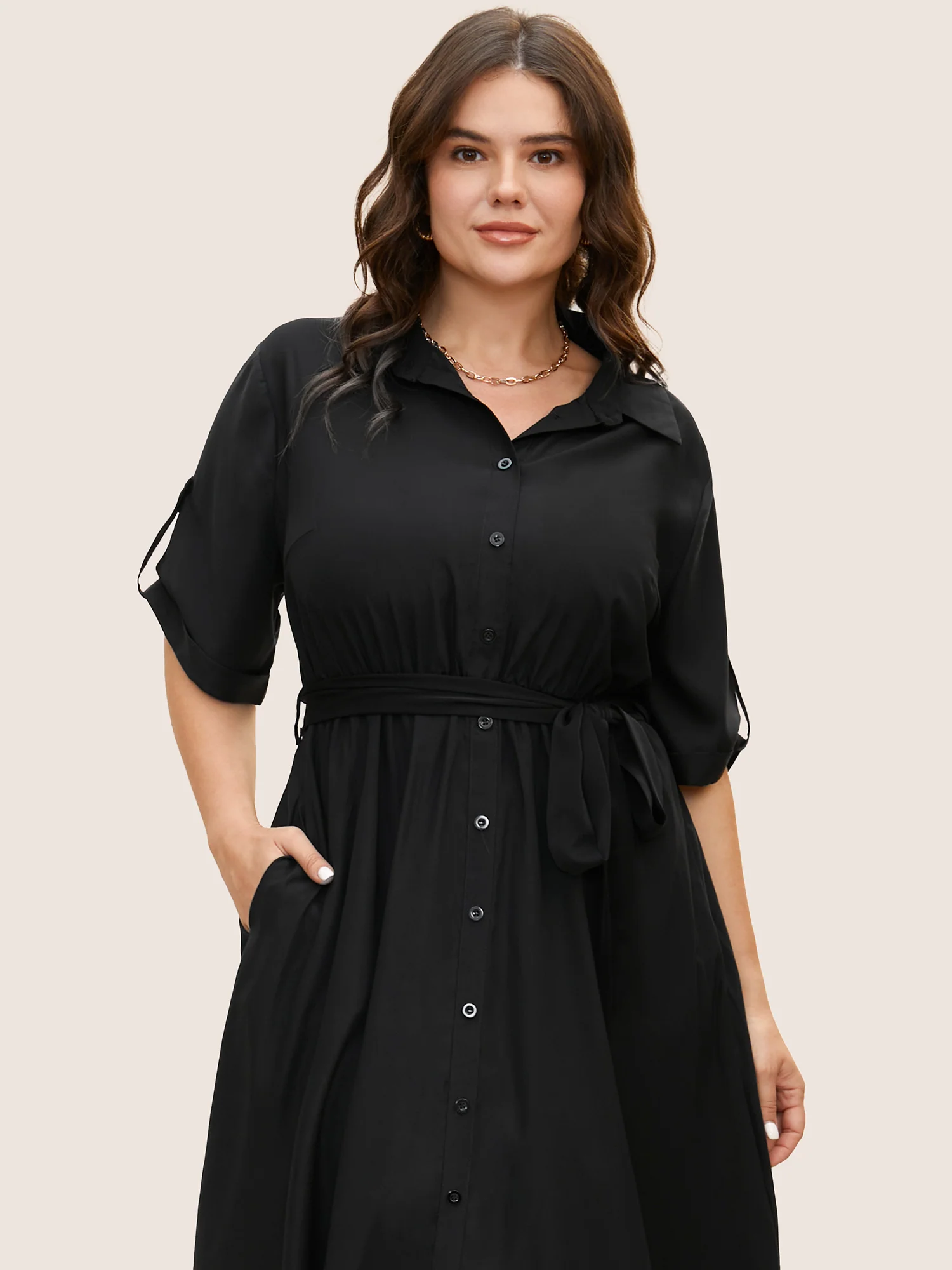 Shirt Collar Tab Sleeve Split Hem Dress - Image 4