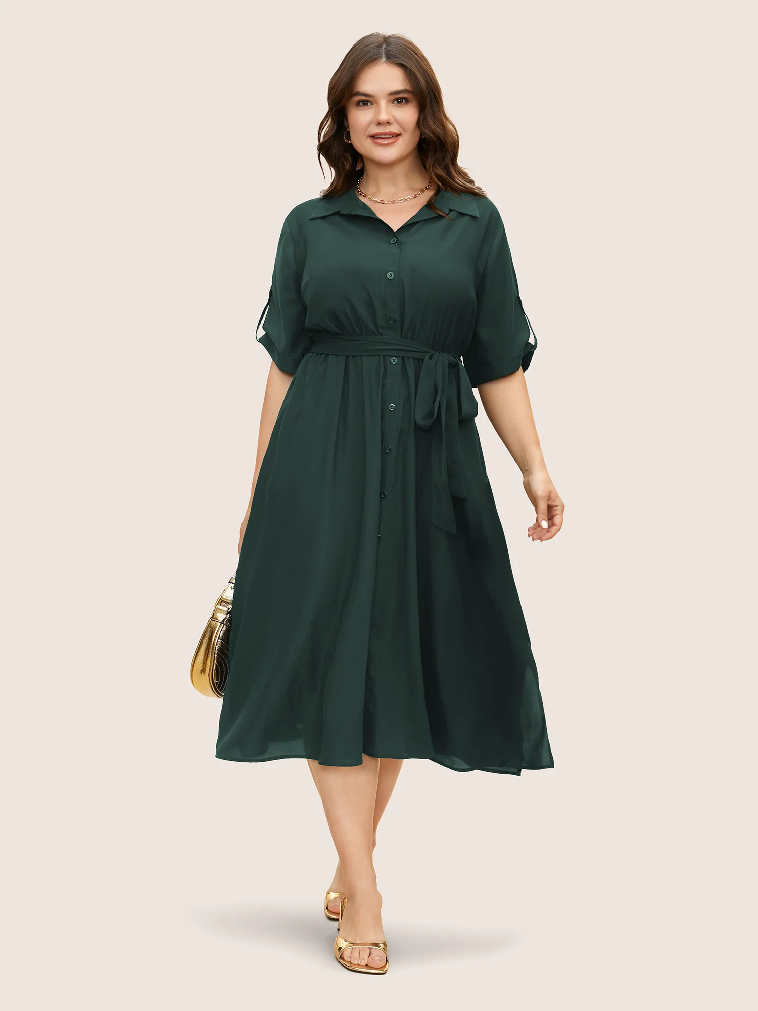Shirt Collar Tab Sleeve Split Hem Dress - Image 8
