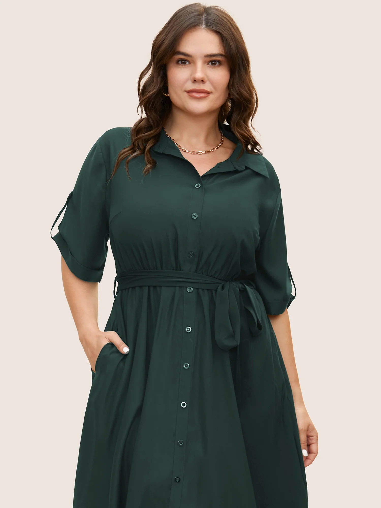 Shirt Collar Tab Sleeve Split Hem Dress - Image 9