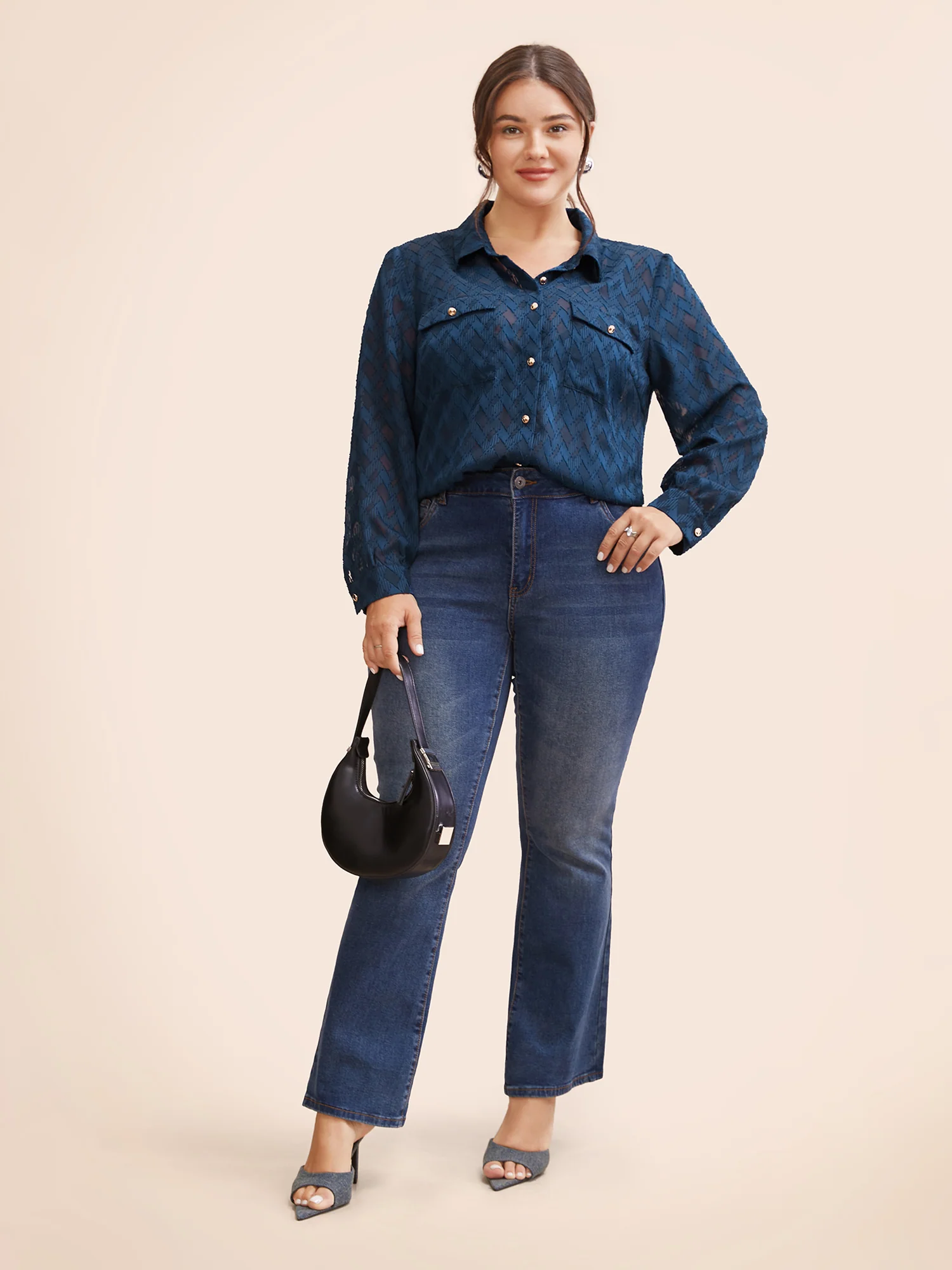 Shirt Collar Textured Mesh Flap Detail Blouse - Image 2