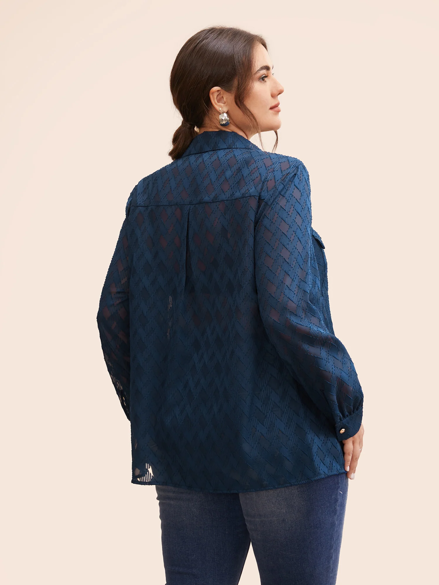 Shirt Collar Textured Mesh Flap Detail Blouse - Image 3