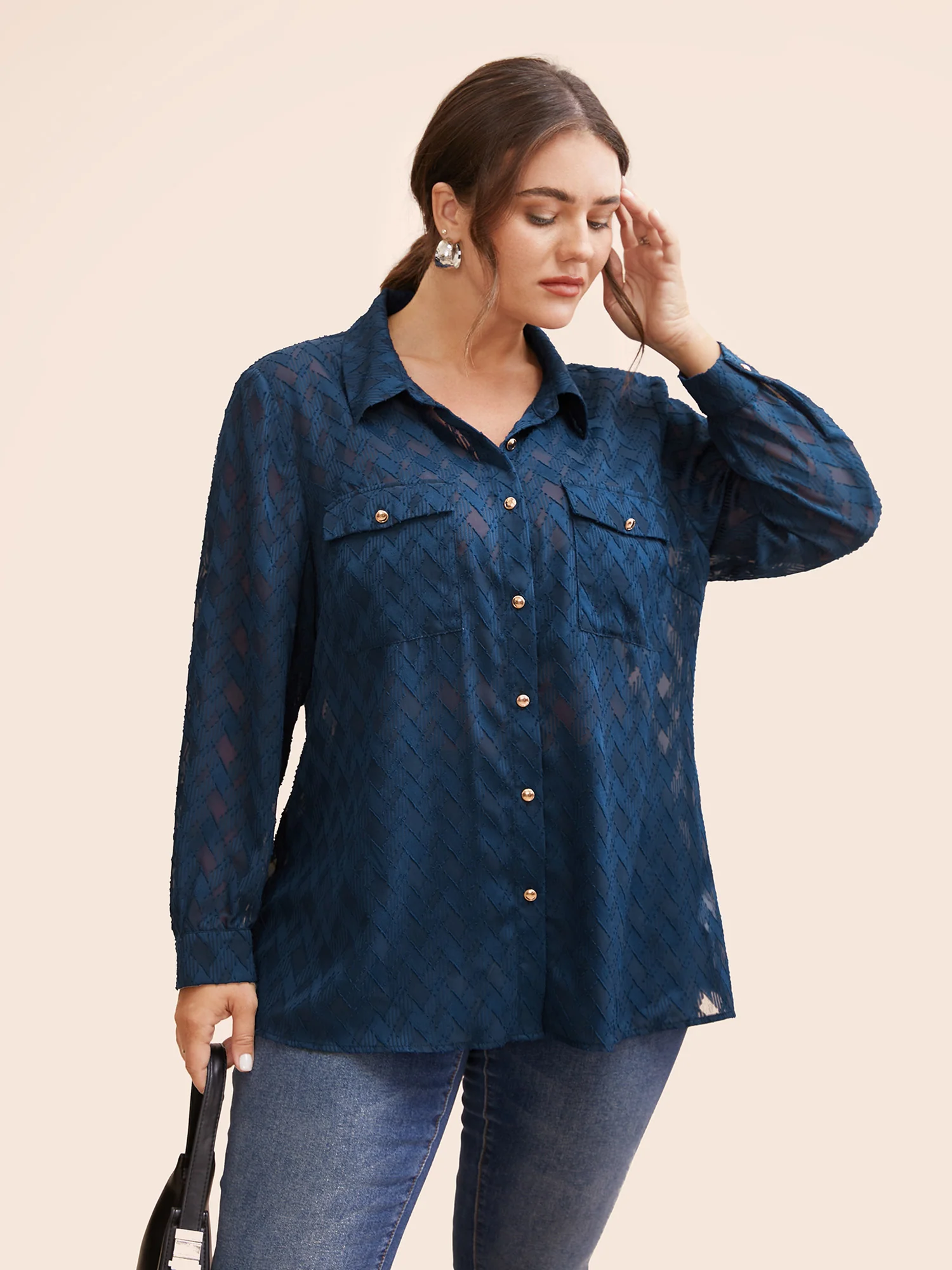 Shirt Collar Textured Mesh Flap Detail Blouse - Image 4