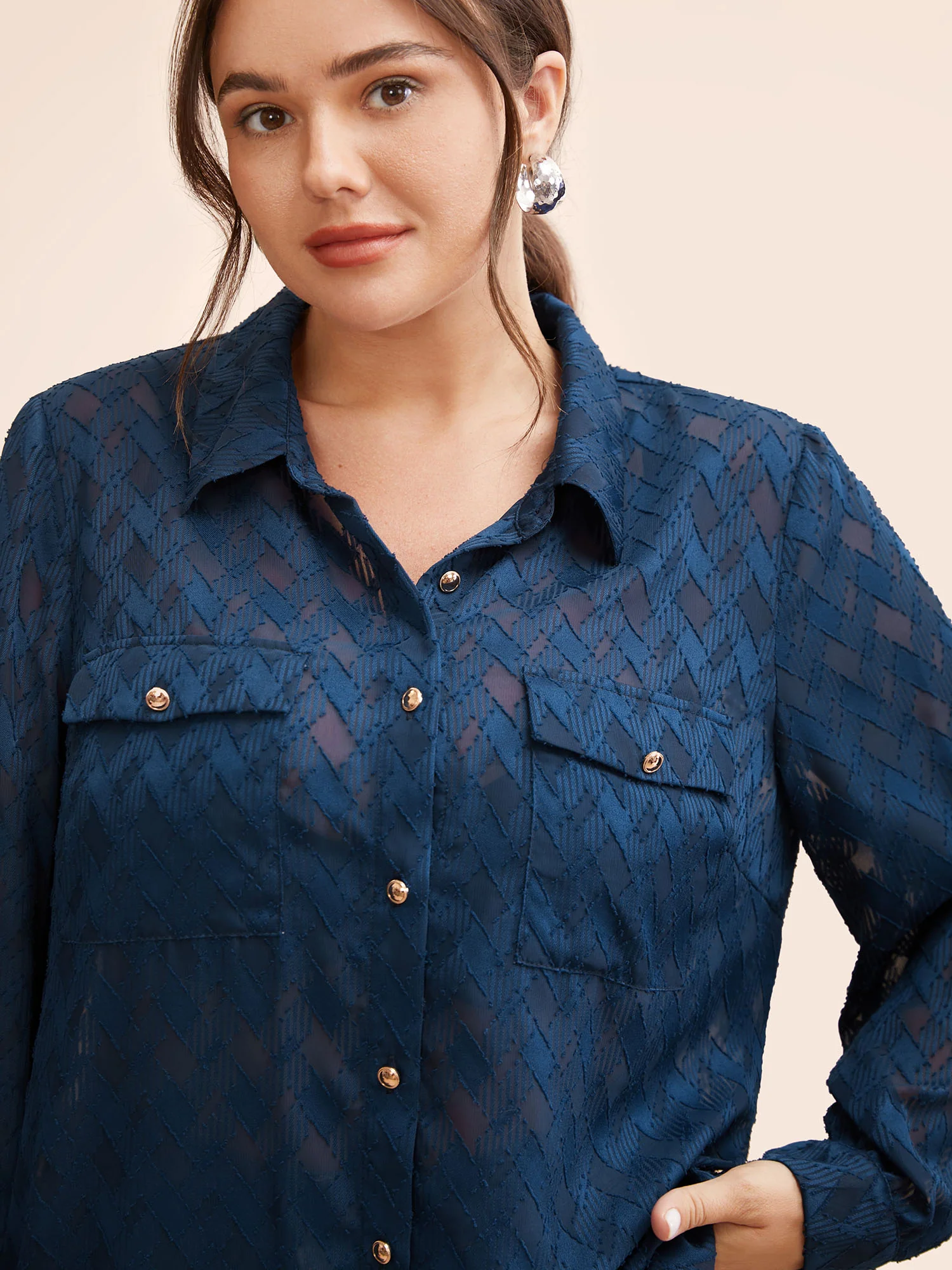 Shirt Collar Textured Mesh Flap Detail Blouse - Image 5