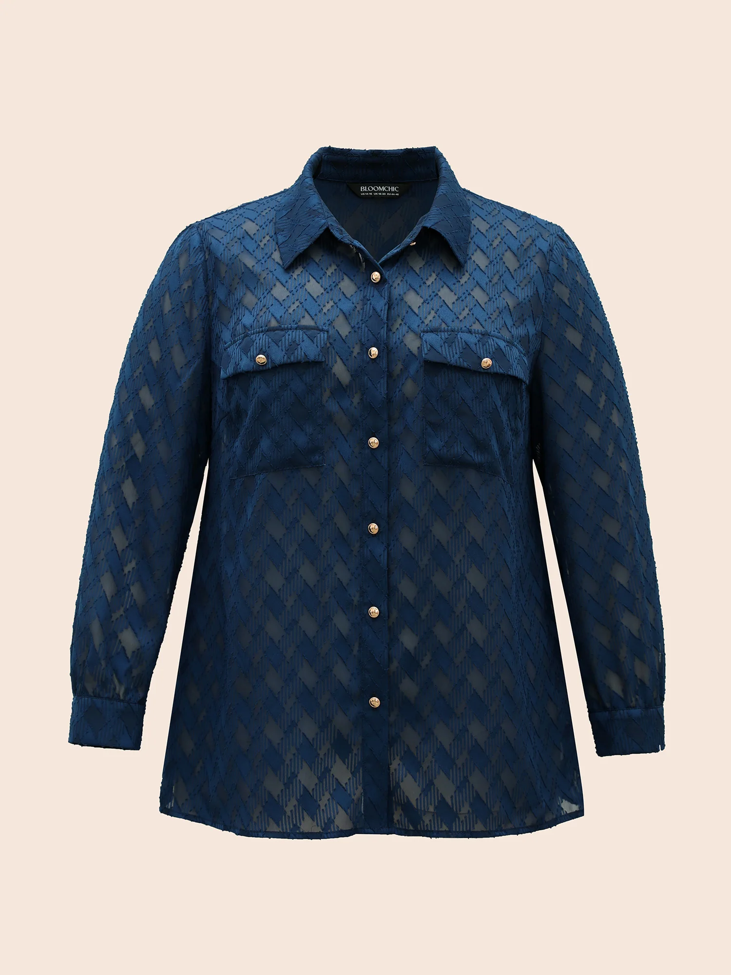 Shirt Collar Textured Mesh Flap Detail Blouse - Image 8