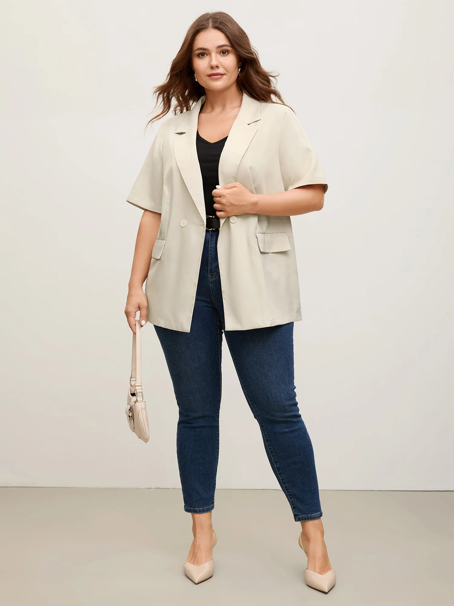 Short Sleeve Pockets Solid Blazer - Image 5