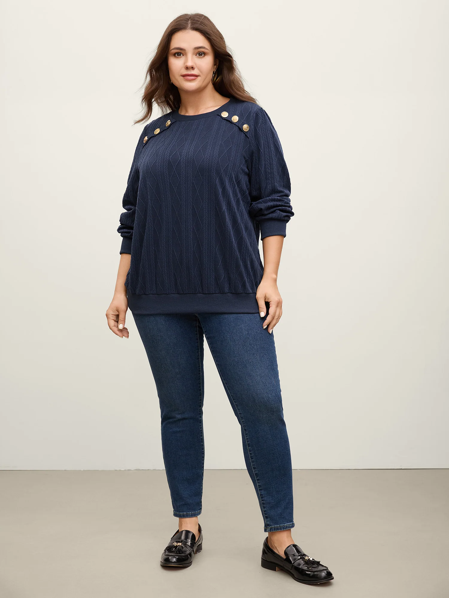 Shoulder Button Textured Solid Sweatshirt - Image 3