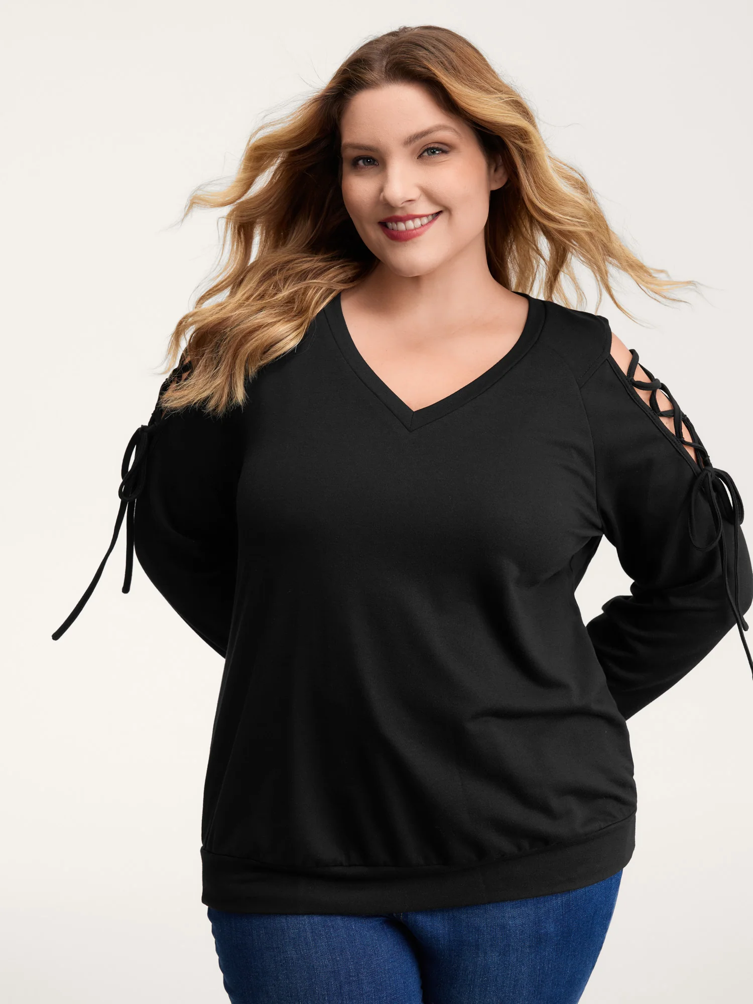 Shoulder Crosstie Design V-Neck Sweatshirt - Image 2