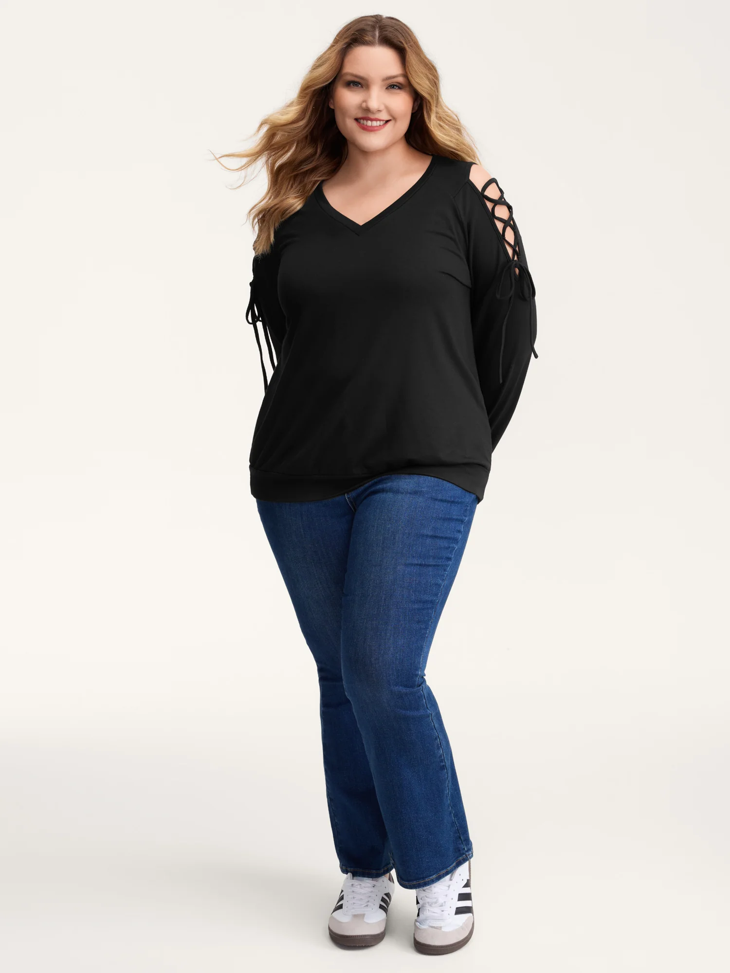 Shoulder Crosstie Design V-Neck Sweatshirt - Image 3