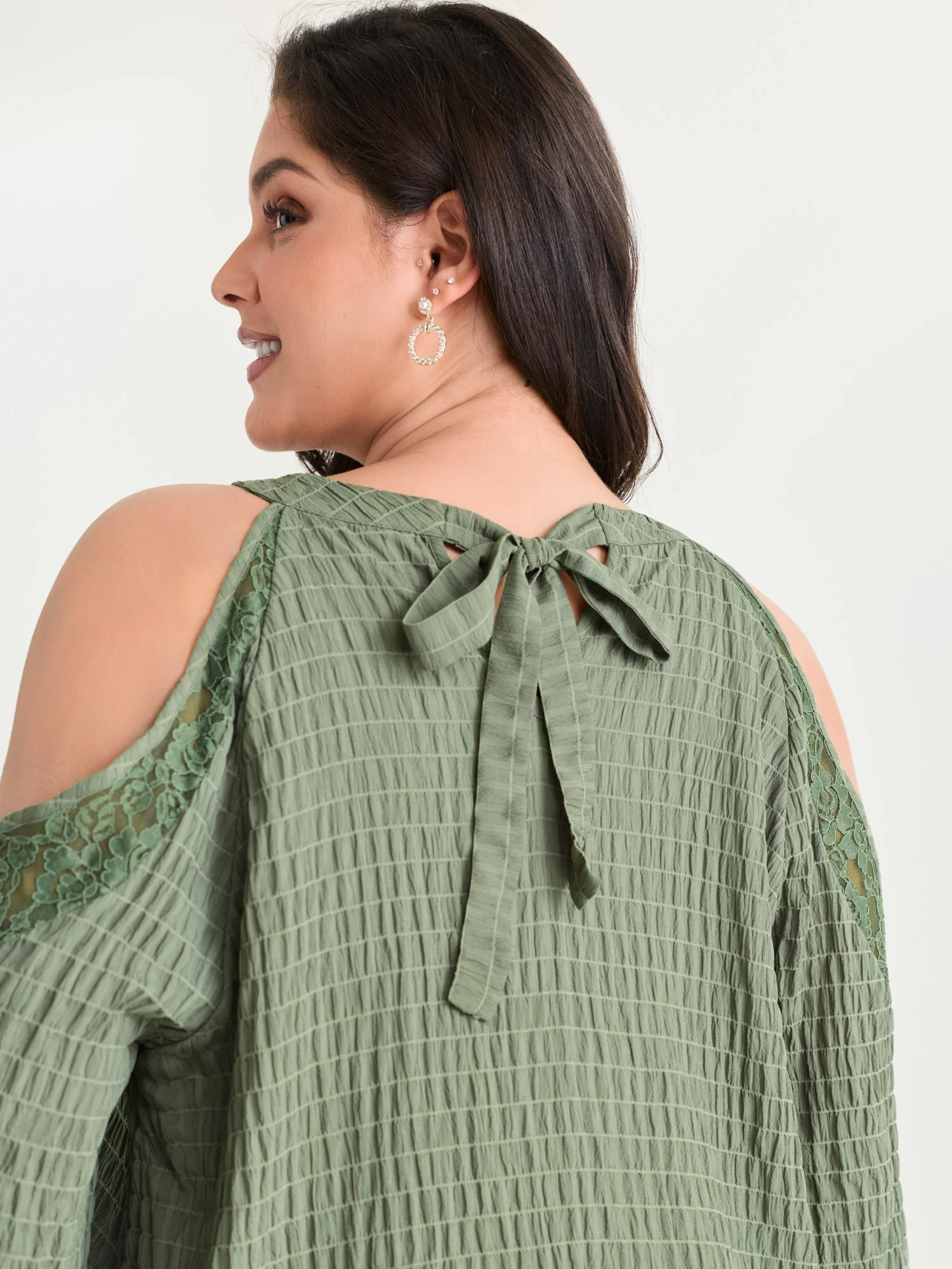 Shoulder Cut-Out Textured Back-Tie Blouse - Image 12