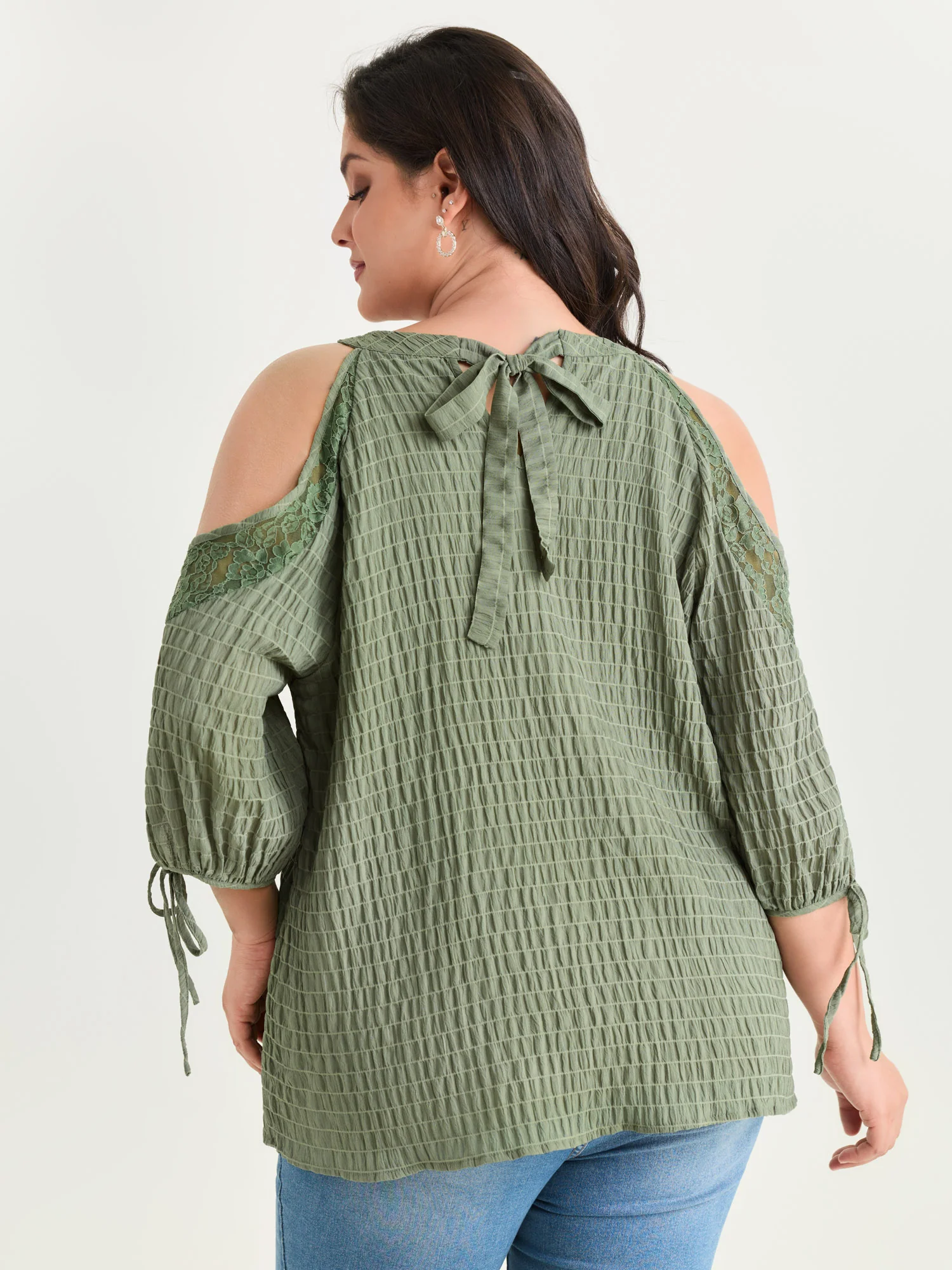Shoulder Cut-Out Textured Back-Tie Blouse - Image 13