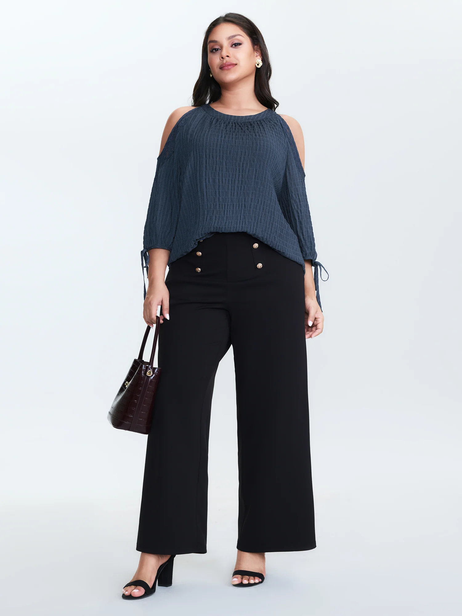 Shoulder Cut-Out Textured Back-Tie Blouse - Image 3