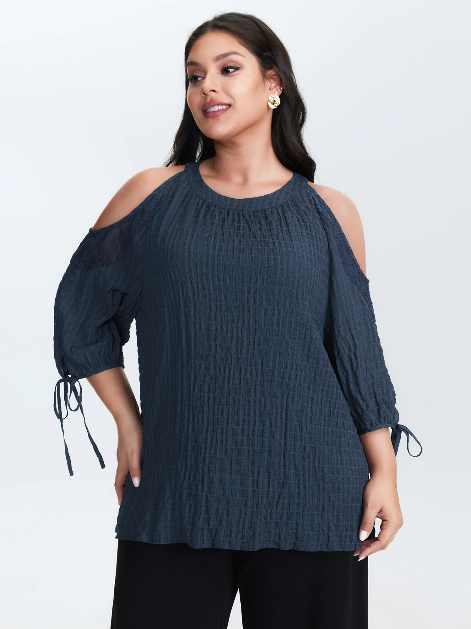 Shoulder Cut-Out Textured Back-Tie Blouse - Image 4