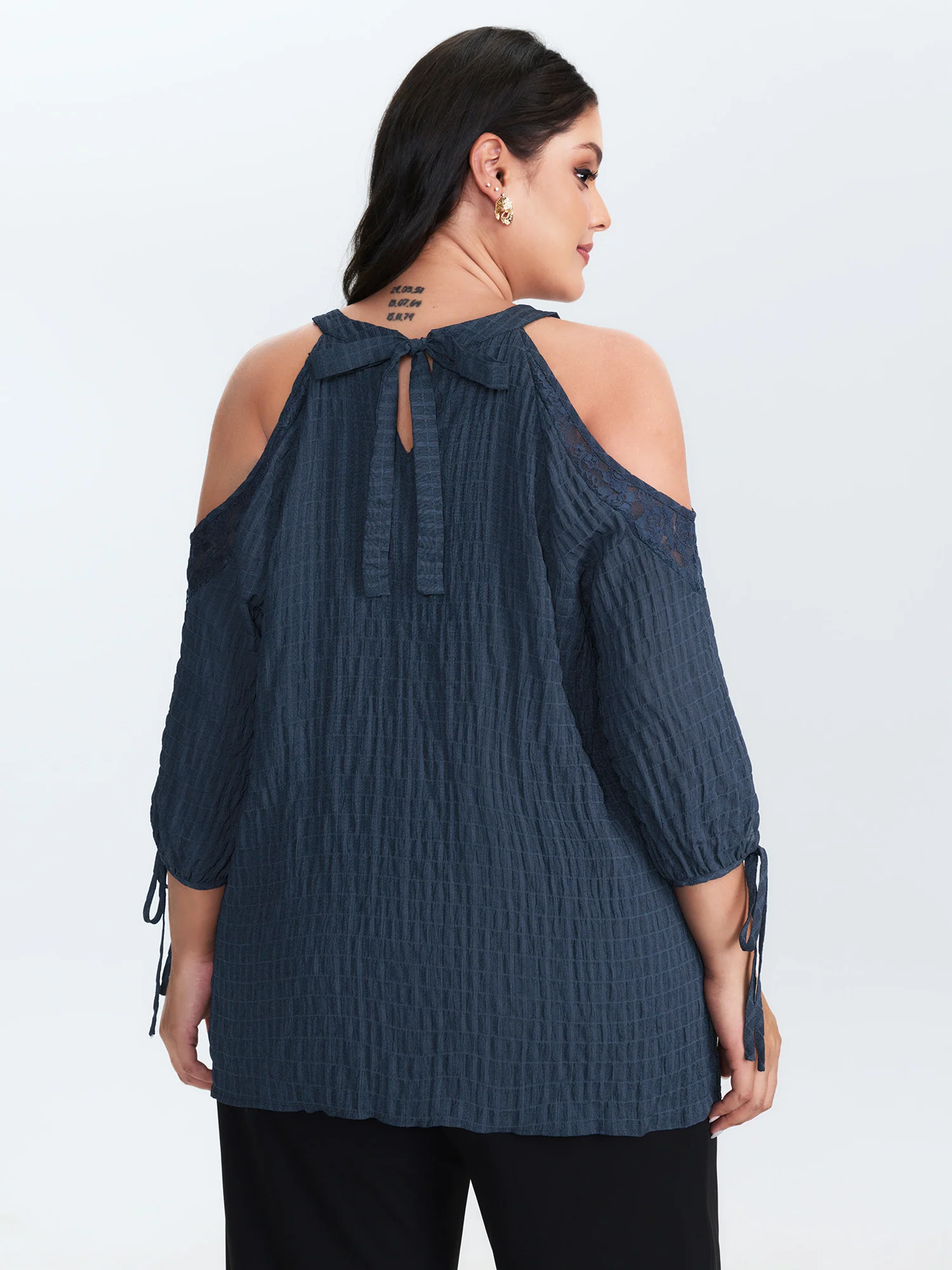 Shoulder Cut-Out Textured Back-Tie Blouse - Image 5
