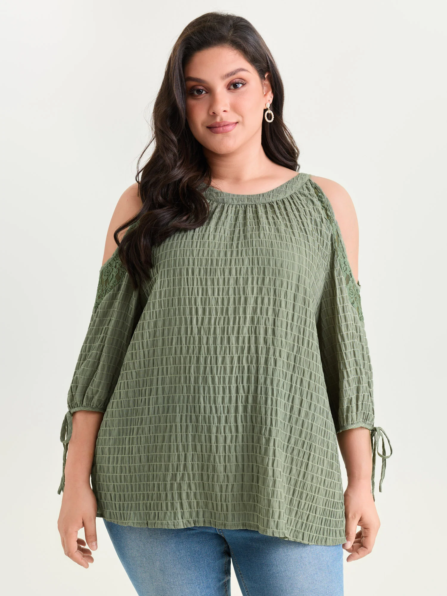 Shoulder Cut-Out Textured Back-Tie Blouse - Image 9