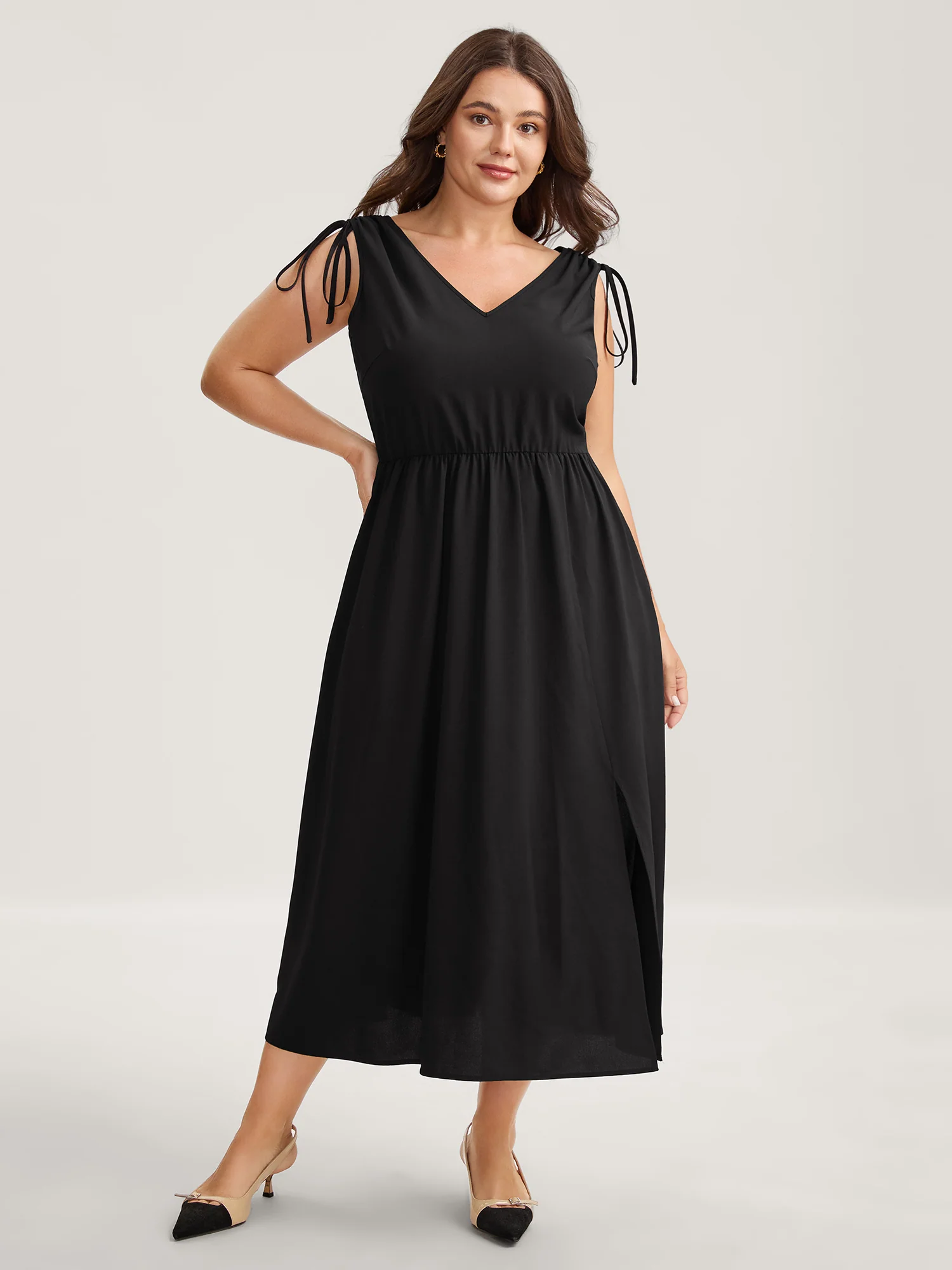 Shoulder Drawstring Slit Solid Midi Dress - Image 3