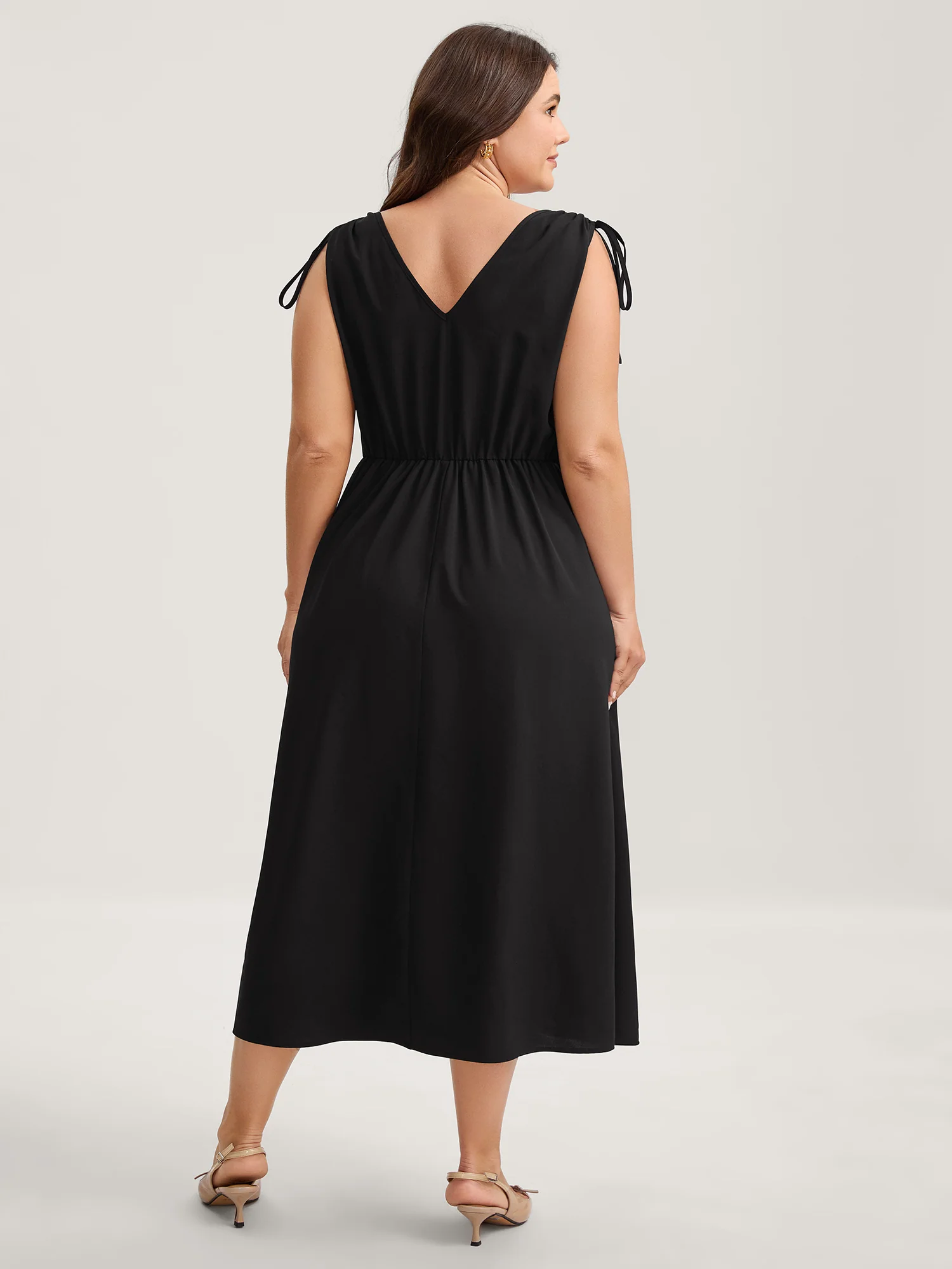 Shoulder Drawstring Slit Solid Midi Dress - Image 4
