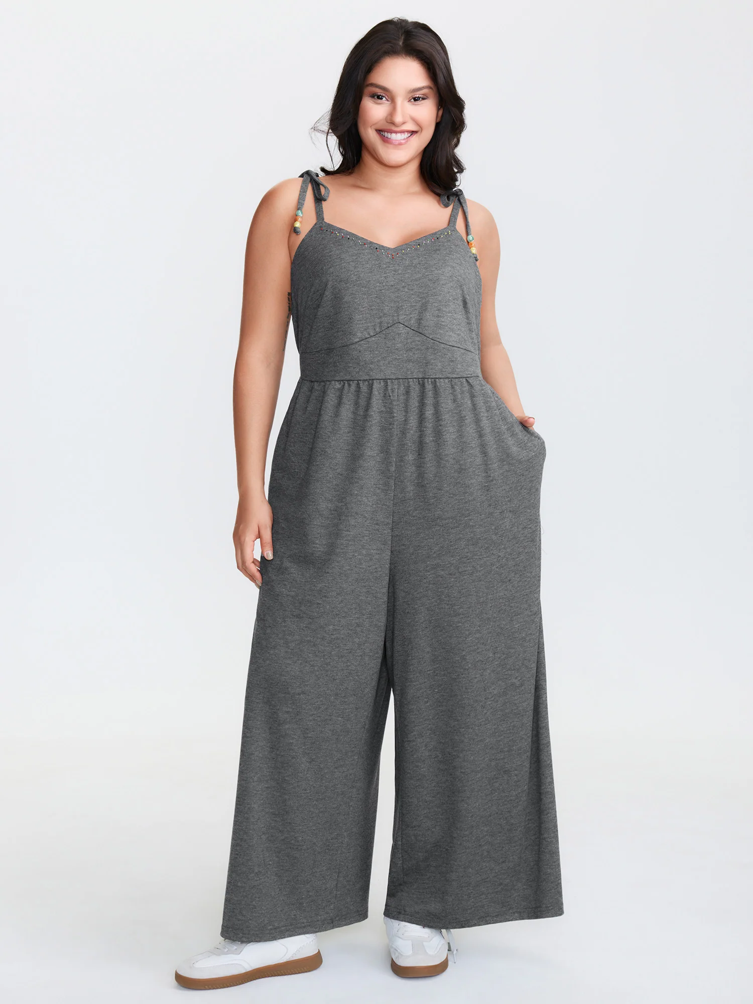 Shoulder-Tie Stretchy Beaded Neckline Jumpsuit - Image 2