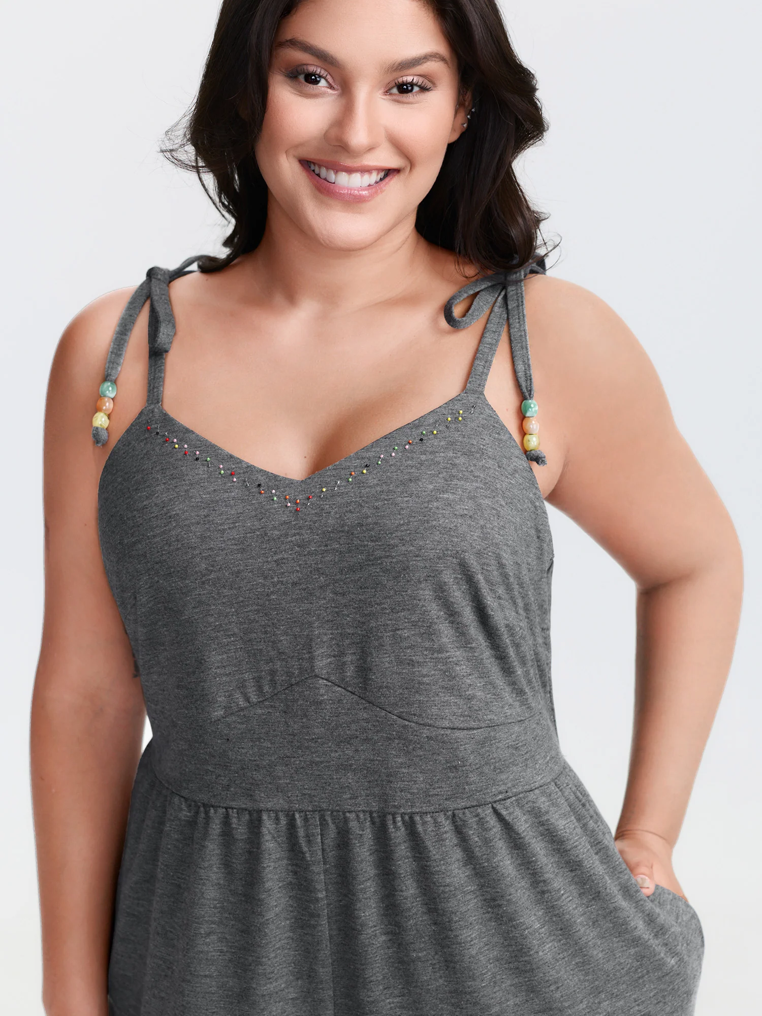 Shoulder-Tie Stretchy Beaded Neckline Jumpsuit - Image 3