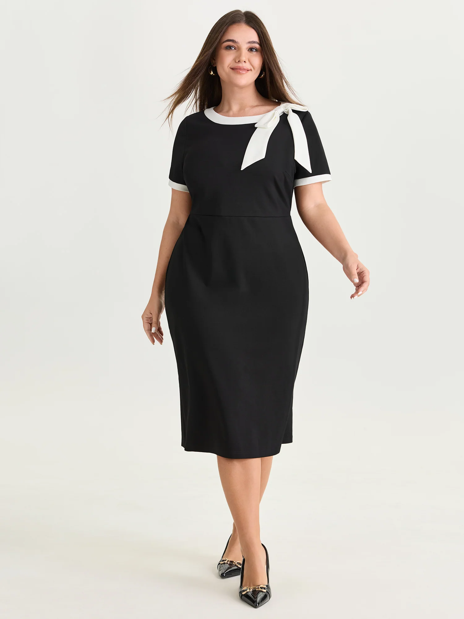 Side Bowknot Color Contrast Midi Dress - Image 3